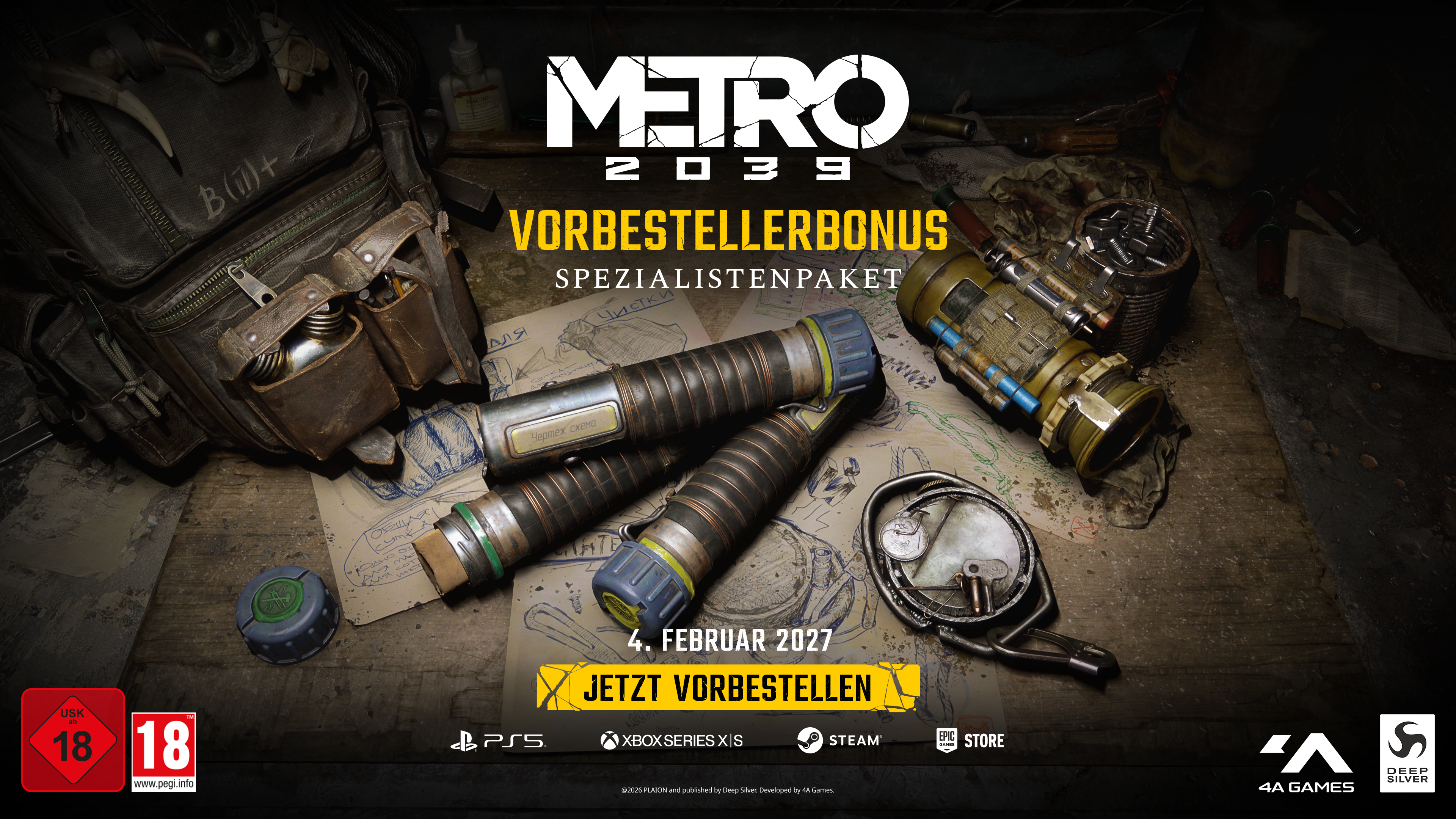 Metro 2033 Vorbestellerbonus: Survival-Ausrüstung, Rucksack und Waffen auf Holztisch mit Skizzen.