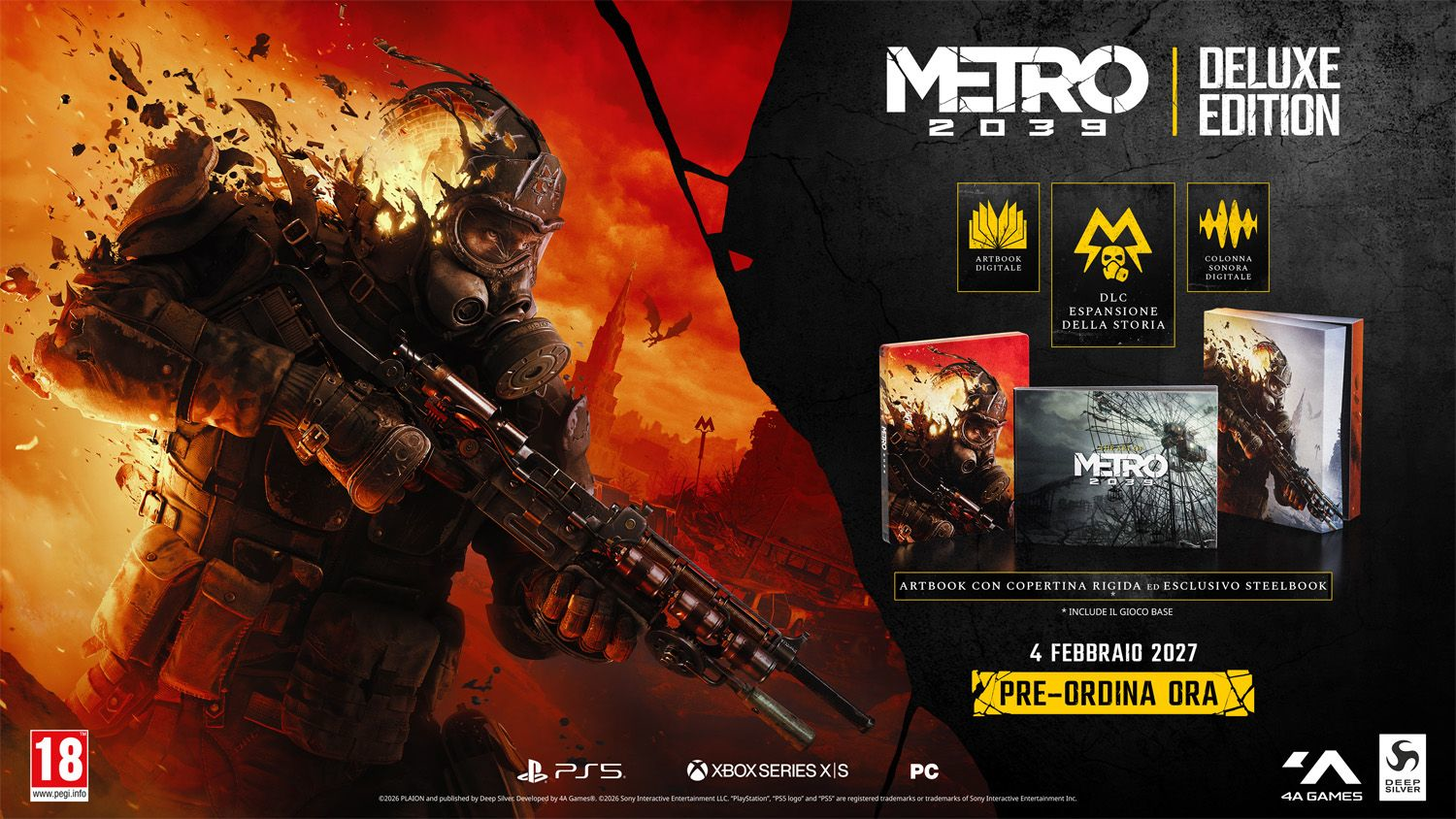 Metro 2039 Deluxe Edition Poster mit Soldat in Gasmaske und physischen Spielinhalten für PS5, Xbox und PC.