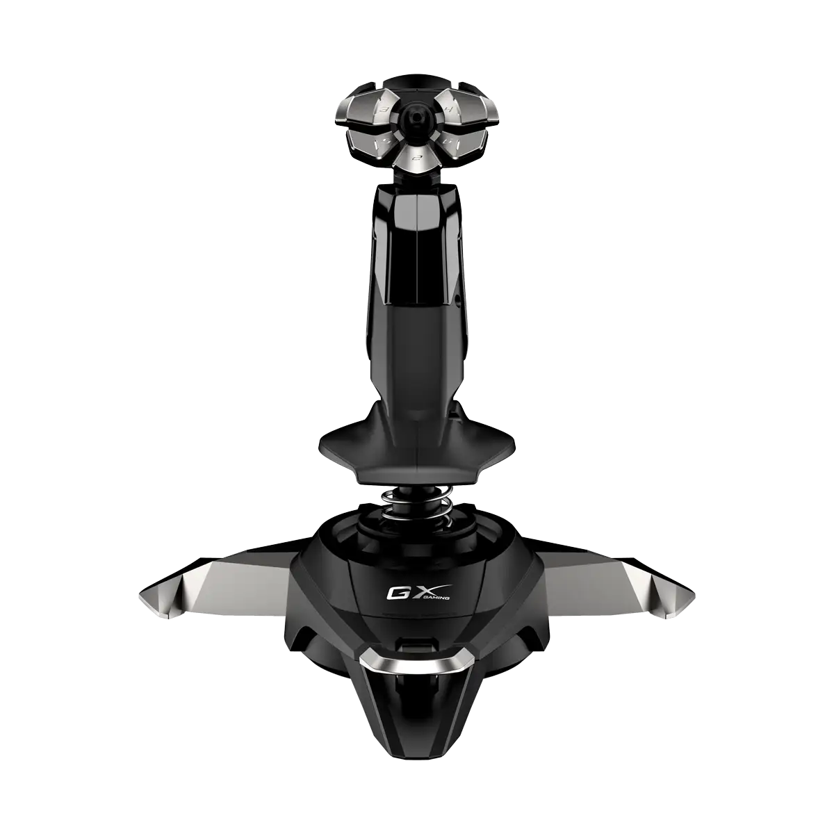 Egy fekete GX Gaming joystick ezüstszürke részletekkel fekete háttér előtt.