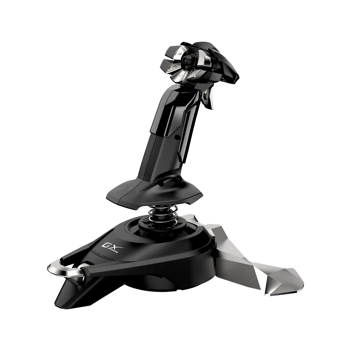 Fekete játékos-joystick ezüst részletekkel és három támasztólábbal fekete háttér előtt.