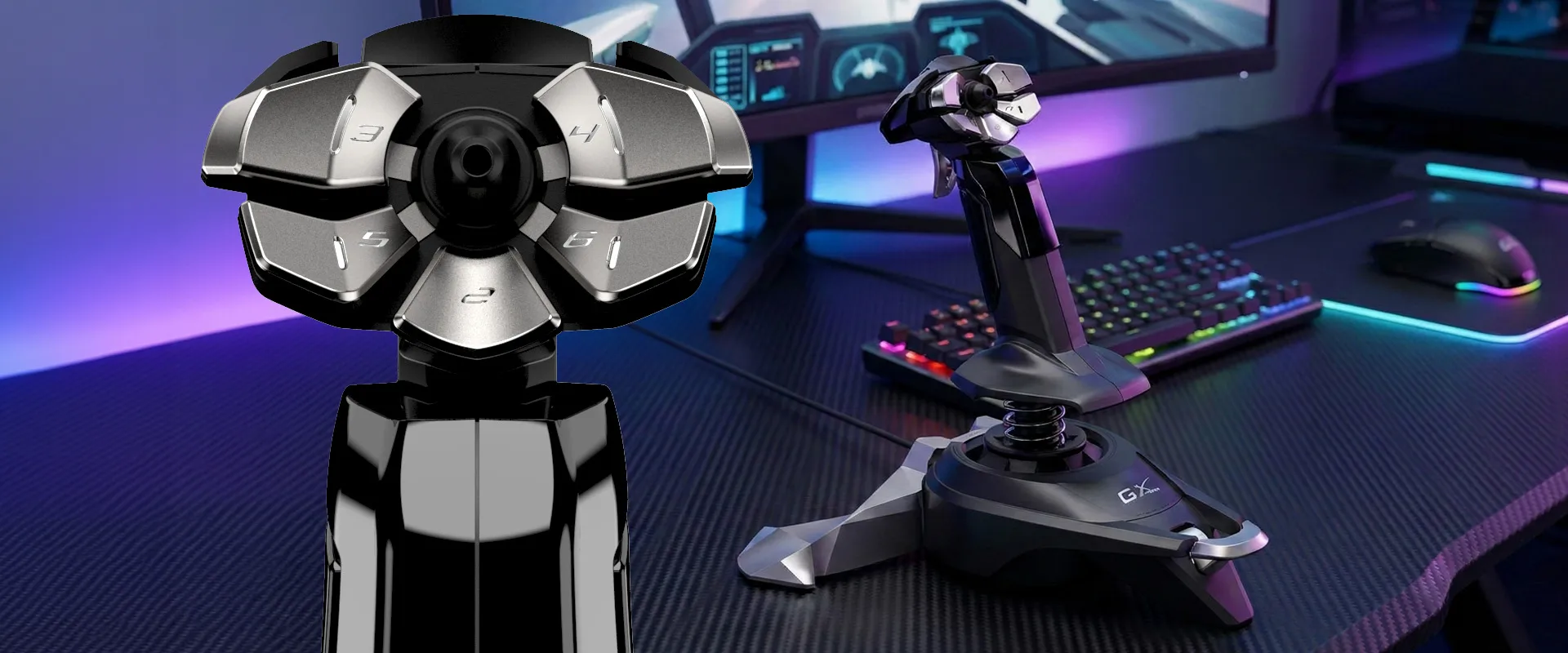 Egy játék joystick ezüst gombokkal és egy alappal az asztalon háttérvilágítással.