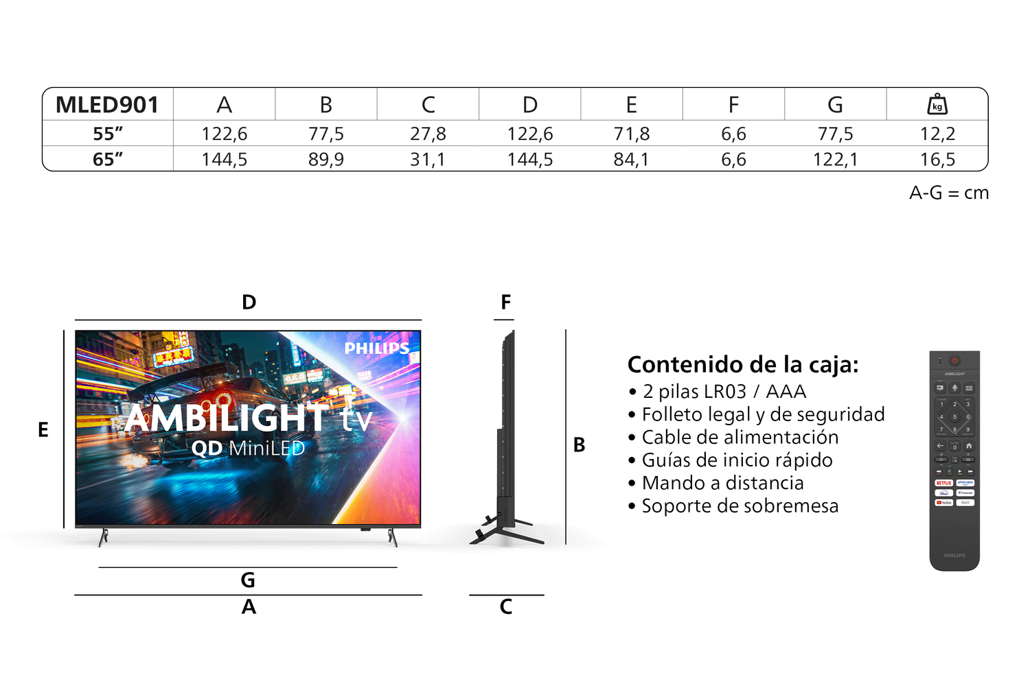 Dimensiones técnicas, contenido de la caja y mando para TV Philips MLED901.