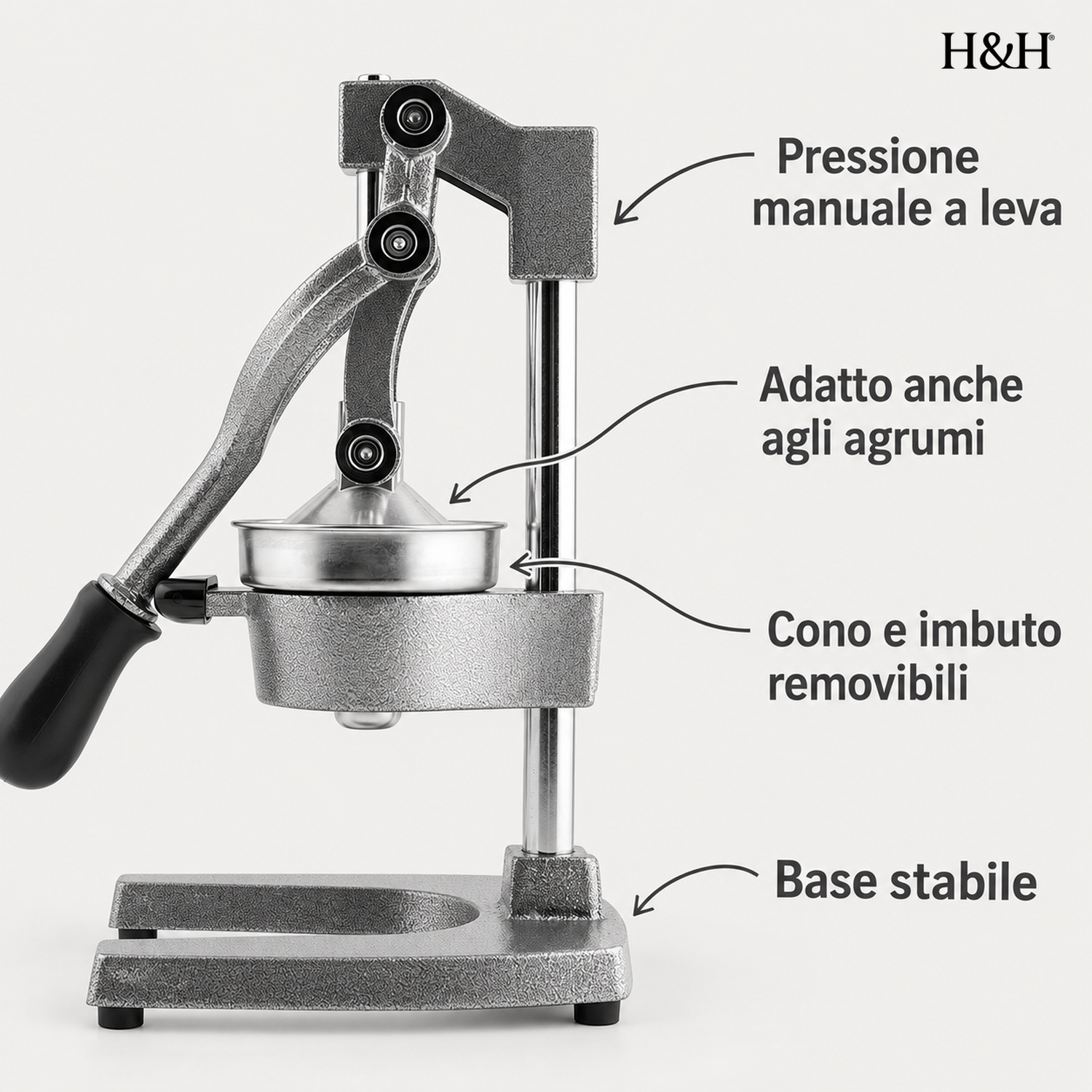 Spremiagrumi manuale a leva in metallo con cono e imbuto removibili e base stabile.