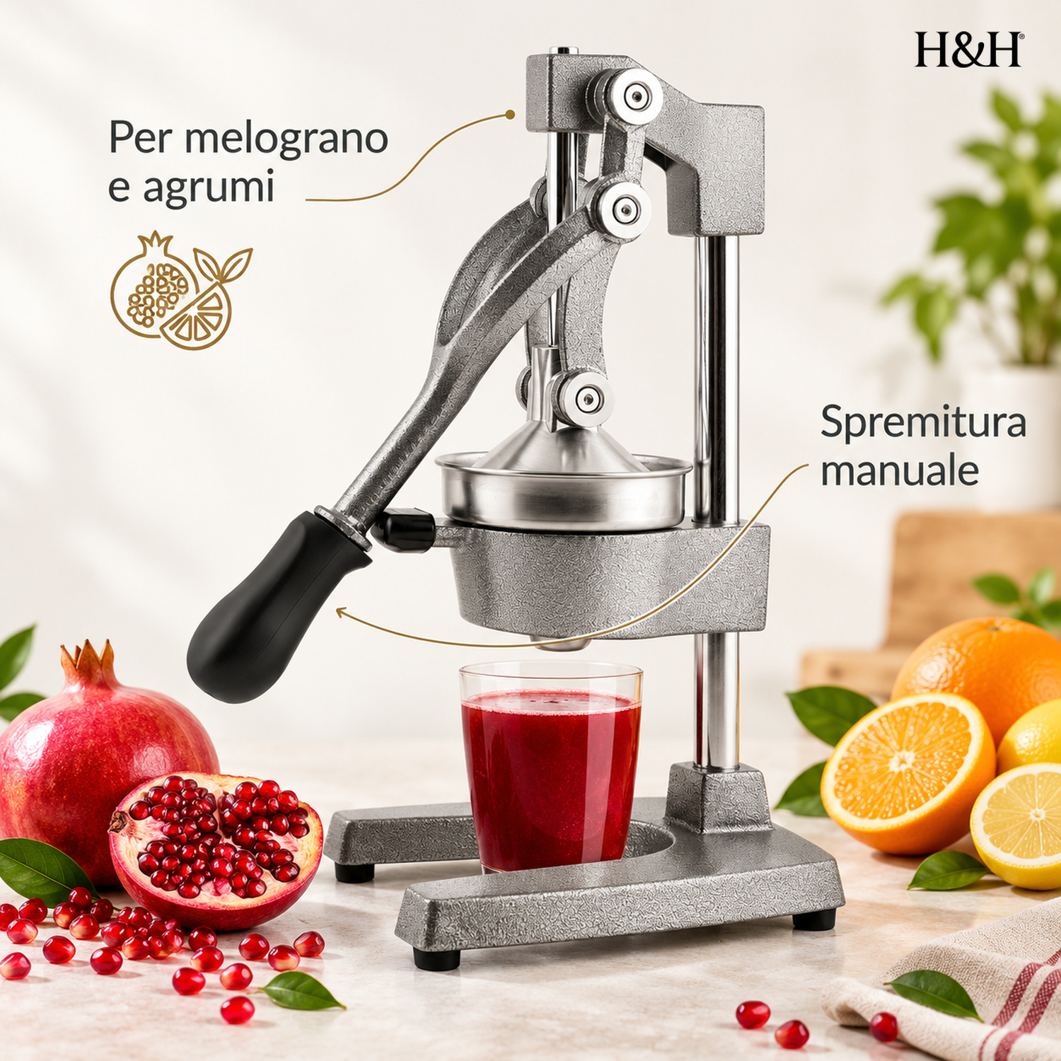 Spremiagrumi e melograno manuale grigio con un bicchiere di succo, circondato da frutta fresca su un tavolo.