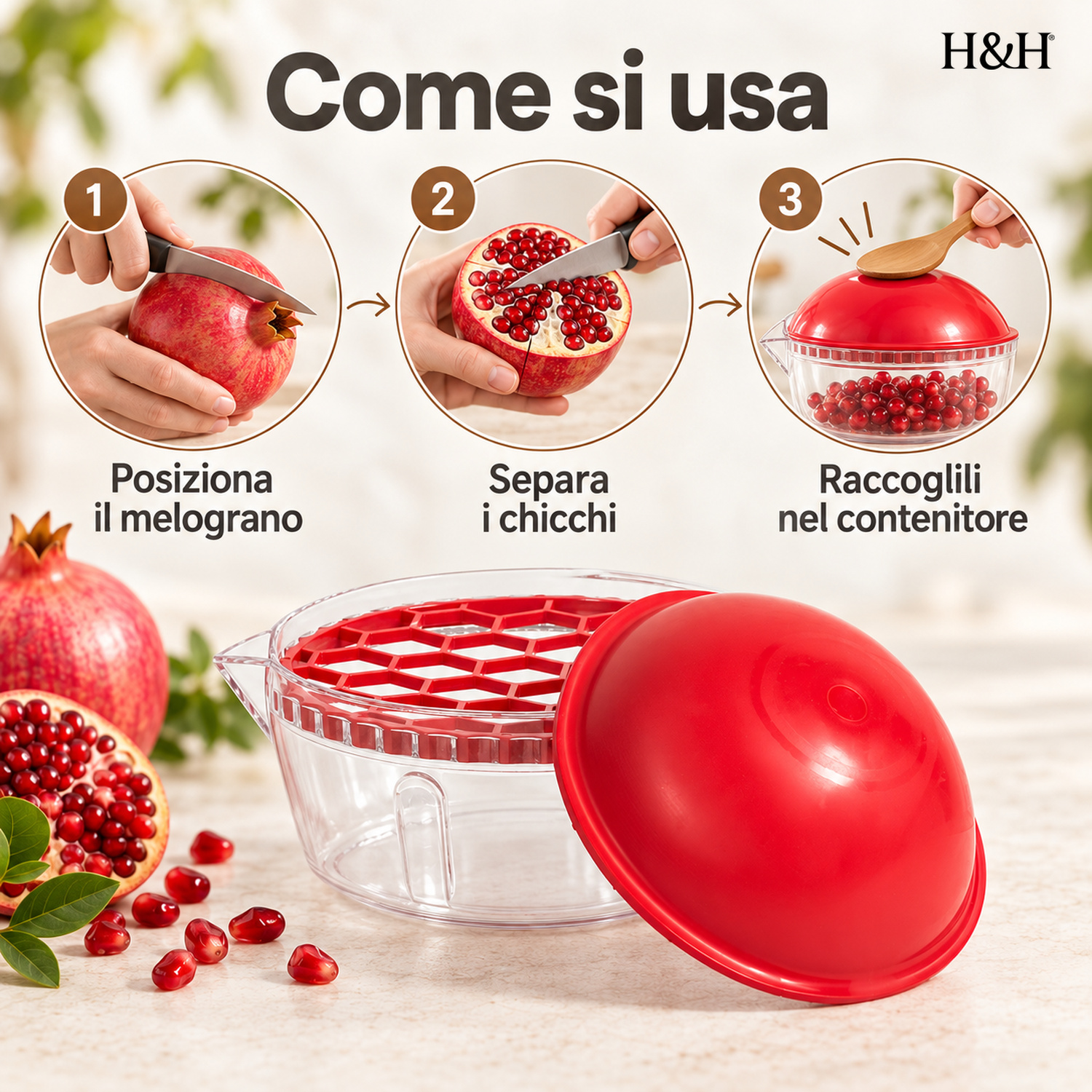 Istruzioni per l'uso di un sgranatore di melograno rosso con passaggi per tagliare e rimuovere i chicchi.