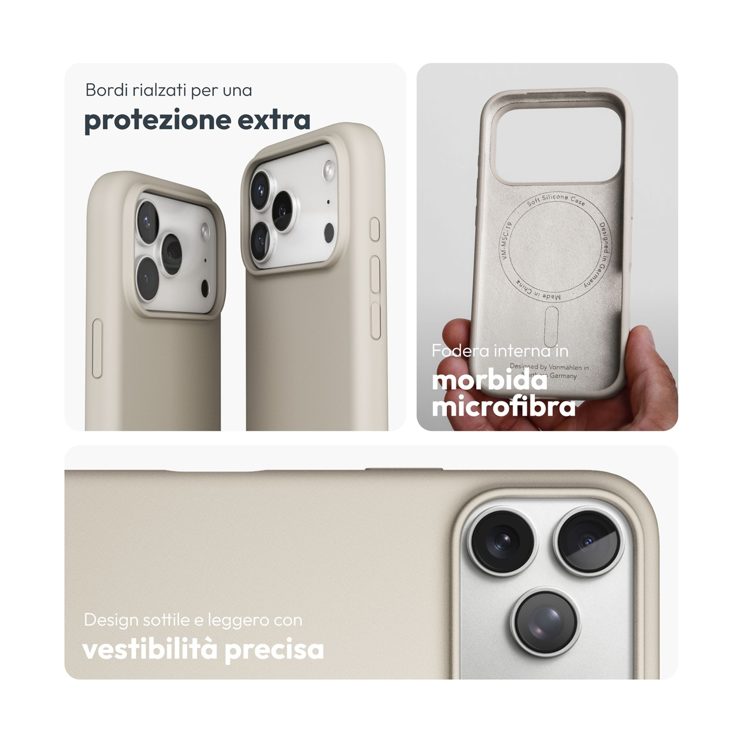 Custodia per telefono beige con bordi rialzati e morbida.