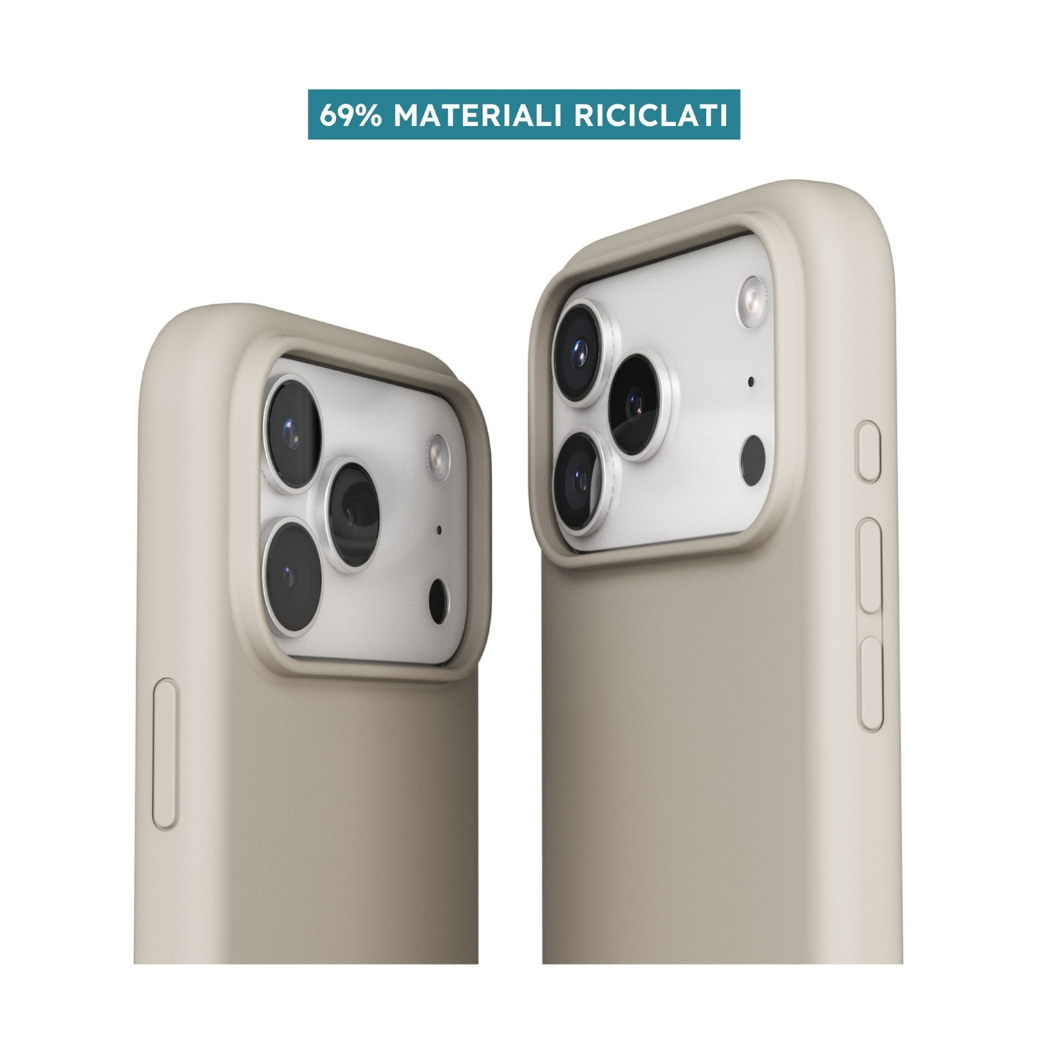 Due cover beige realizzate con materiali riciclati su sfondo bianco.