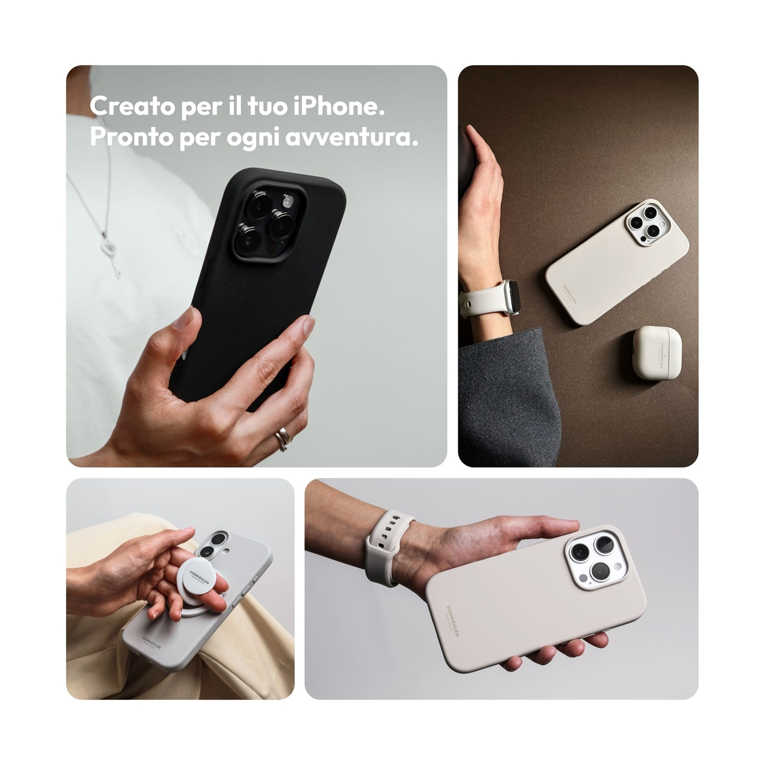 Quattro immagini mostrano mani che tengono iPhone in varie custodie e colori su sfondi neutri.