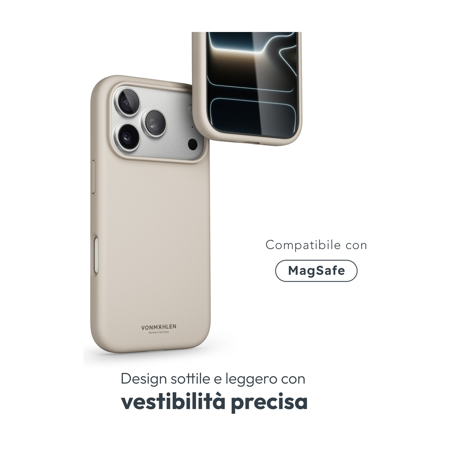 Custodia per telefono beige con ritaglio per fotocamera e MagSafe.
