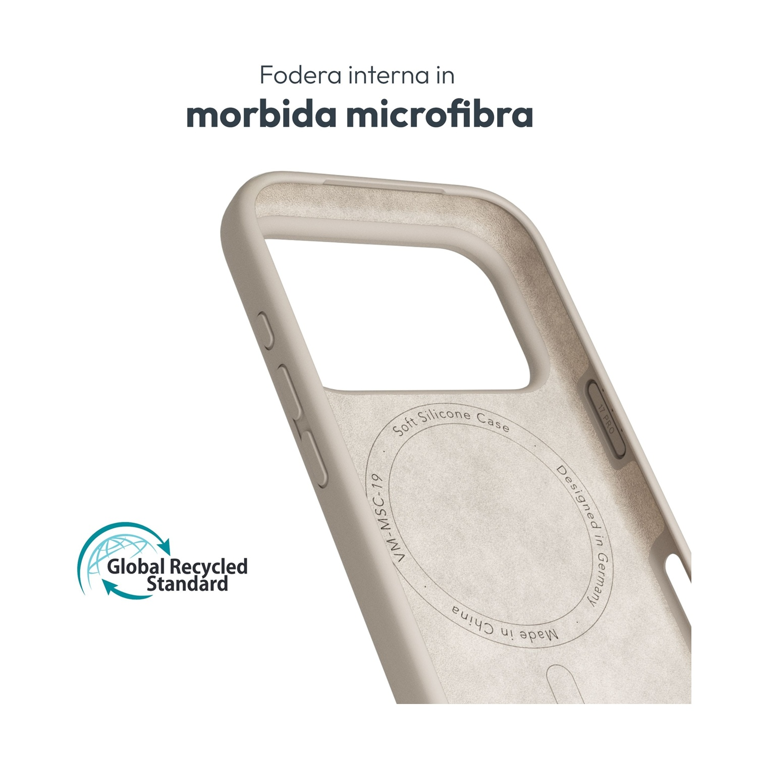 Cover per cellulare beige con interno in morbida microfibra e logo Global Recycled Standard.