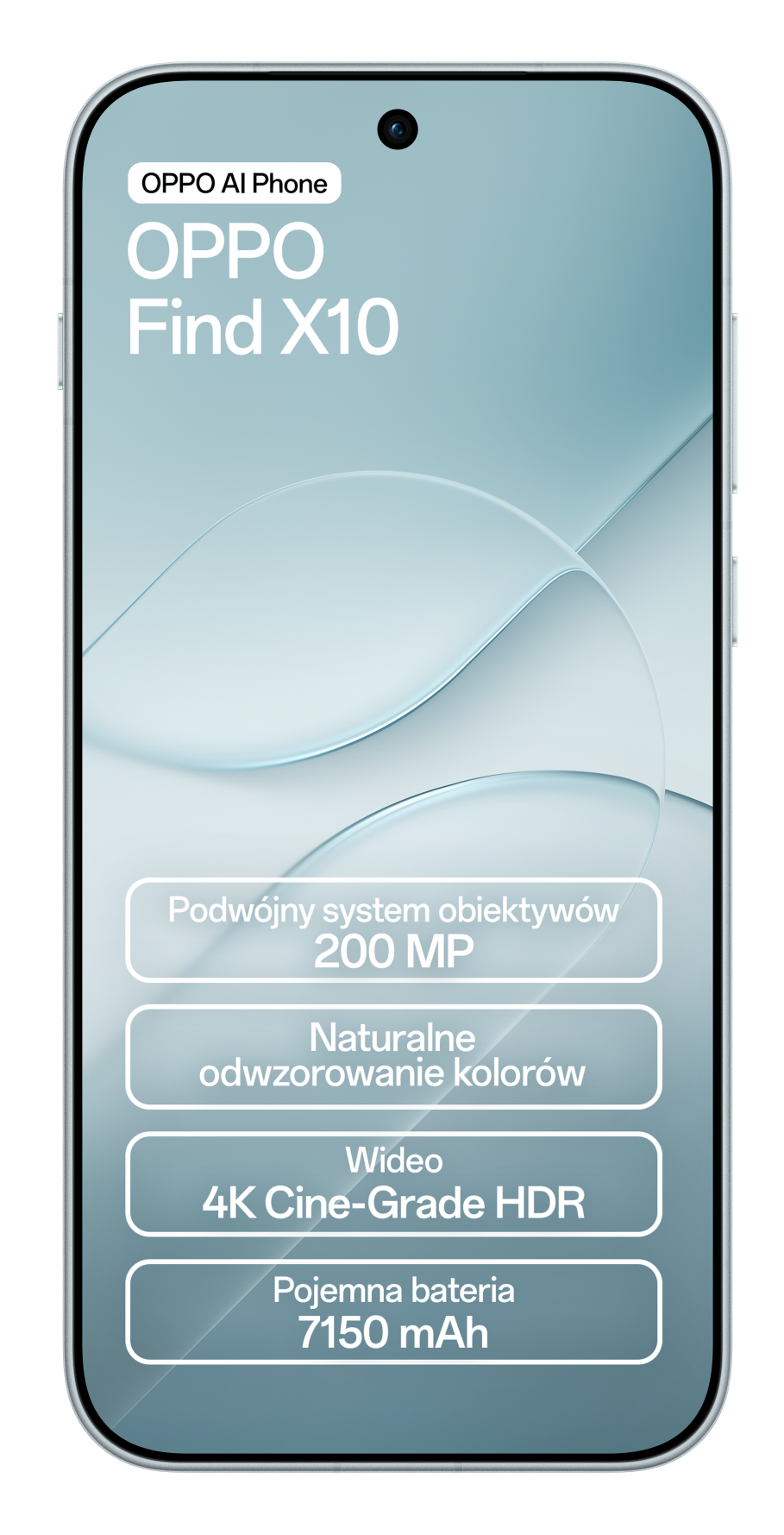 Widok z przodu smartfona OPPO Find X10 ze specyfikacją na ekranie.