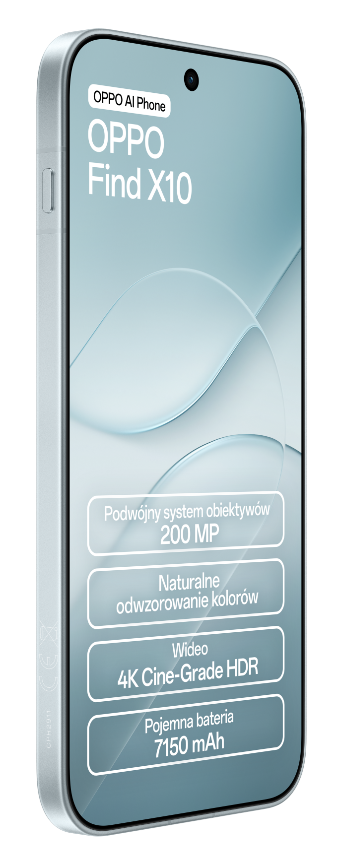 Srebrny smartfon Oppo Find X10 z tekstem i funkcjami na jasnozielonym ekranie na czarnym tle.