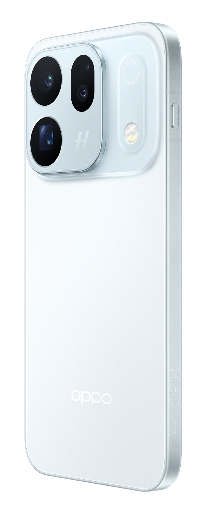 Tył jasnoniebieskiego smartfona Oppo z prostokątnym modułem aparatu i logo.