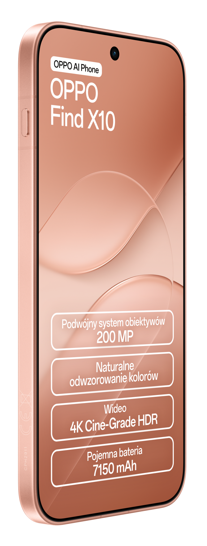Różowy smartfon OPPO Find X10 z specyfikacją techniczną na ekranie.