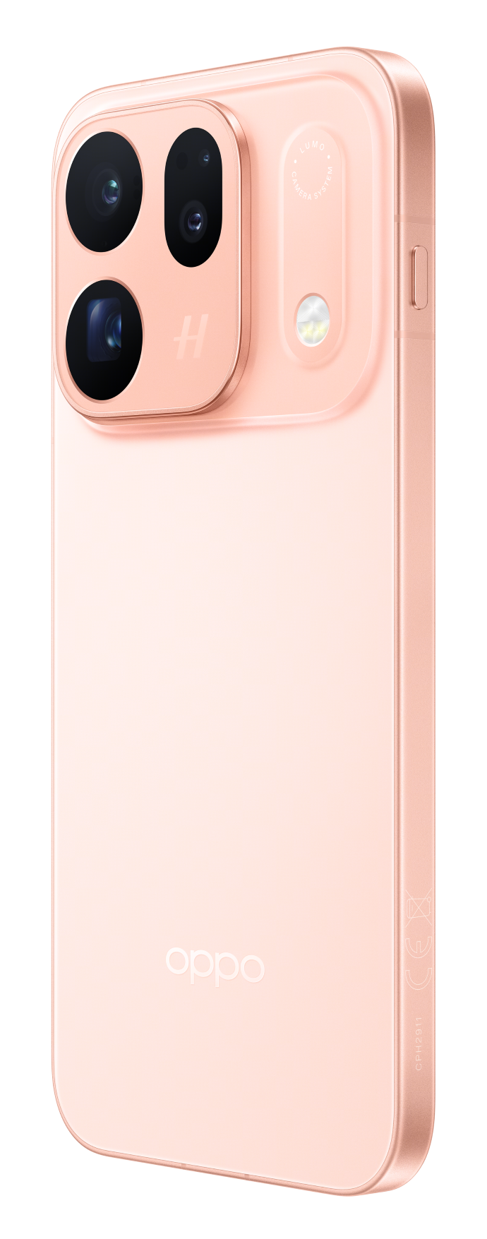 Tył różowego smartfona Oppo z potrójnym aparatem i lampą błyskową na czarnym tle.
