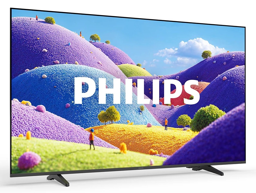 Telewizor Philips z cienką ramką wyświetla kolorowy pagórkowaty krajobraz pod błękitnym niebem.