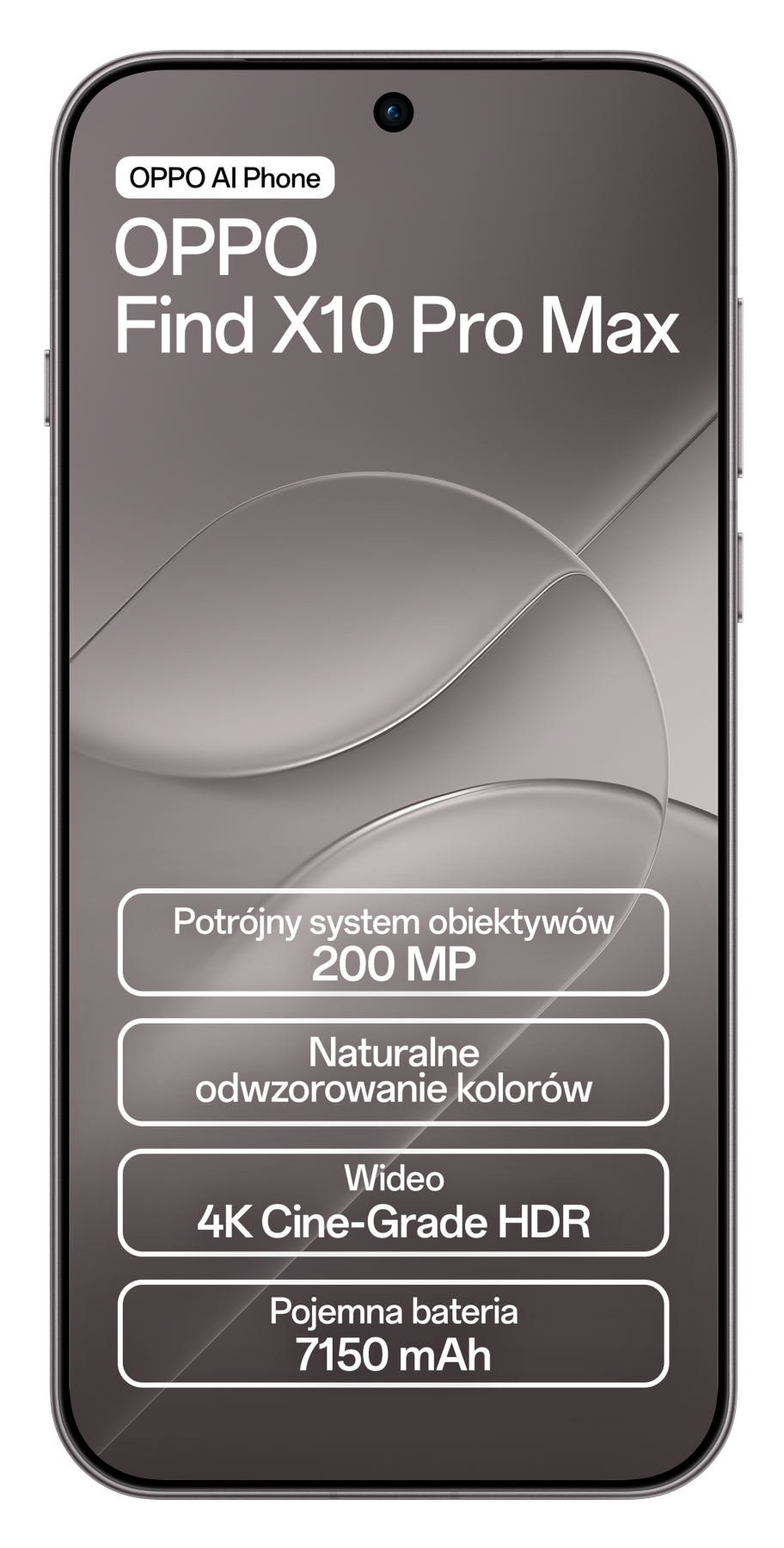 Reklama smartfona OPPO Find X10 Pro Max z 200 MP aparatem i baterią 7150 mAh na tle abstrakcyjnych krzywych.