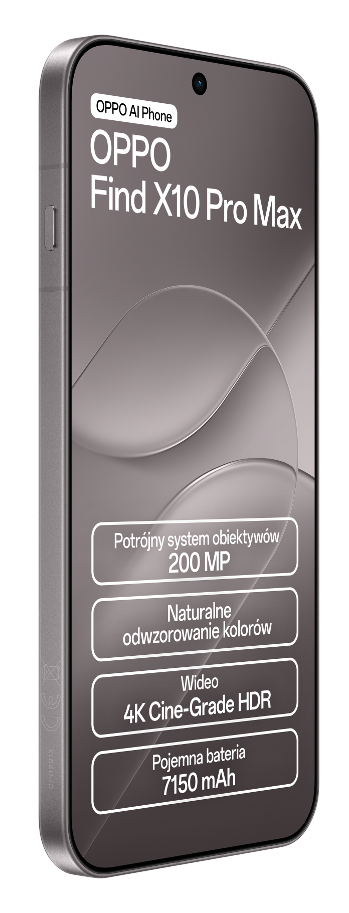 Szary smartfon OPPO Find X10 Pro Max z aparatem 200 MP i baterią 7150 mAh na czarnym tle.