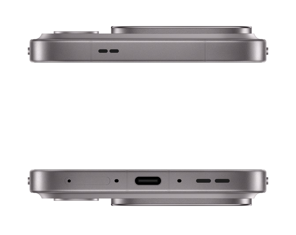 Szare boki smartfona z portem USB-C, głośnikami i tacką na kartę SIM na czarnym tle.