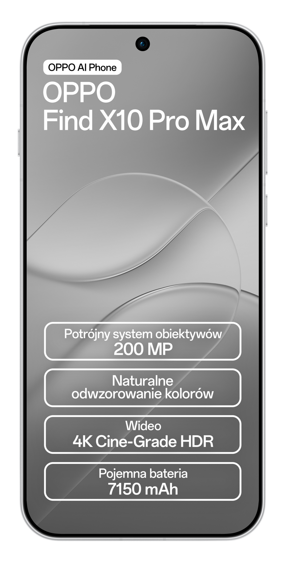 Szary smartfon z tekstem Oppo Find X10 Pro Max i specyfikacjami na ekranie.
