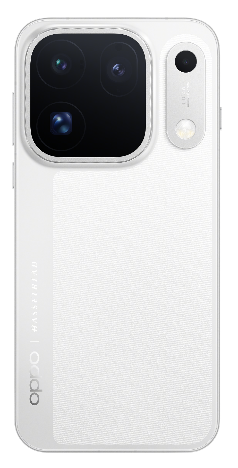 Biały tył smartfona OPPO z potrójnym systemem aparatów i logo Hasselblad.