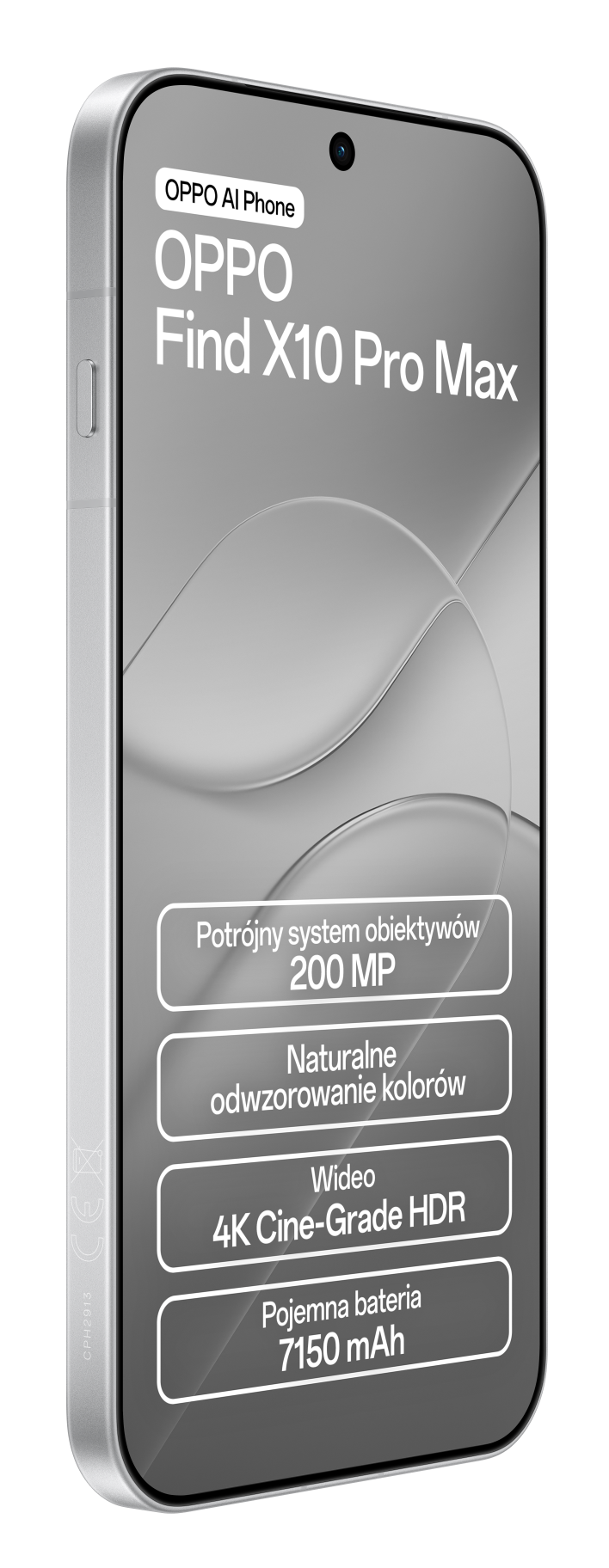 Smartfon Oppo Find X10 Pro Max z specyfikacją na czarnym tle.
