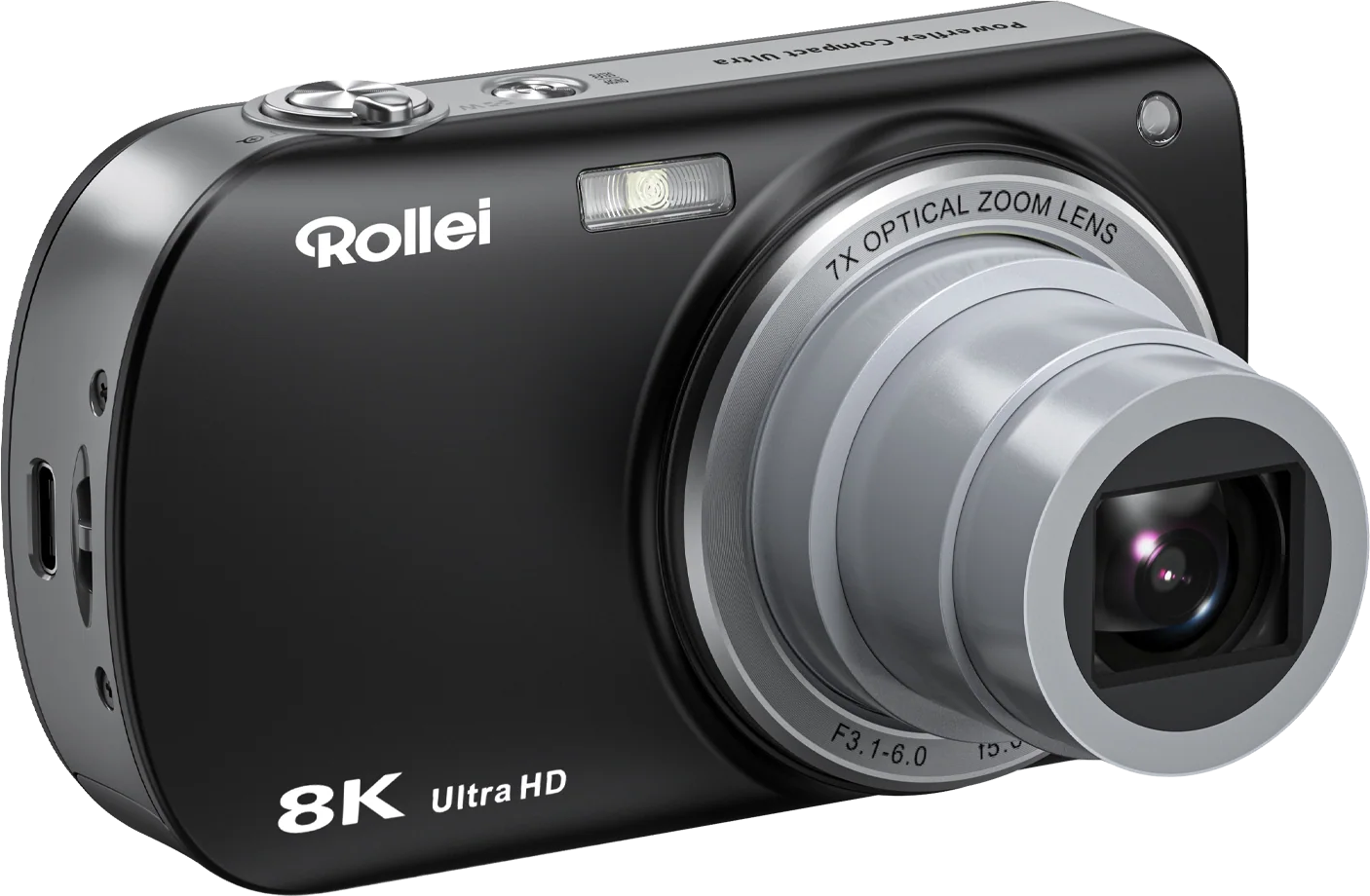 Eine schwarze Rollei Kompaktkamera mit ausgefahrenem silbernem 7X Zoomobjektiv und 8K Ultra HD Schrift auf schwarzem Hintergrund.