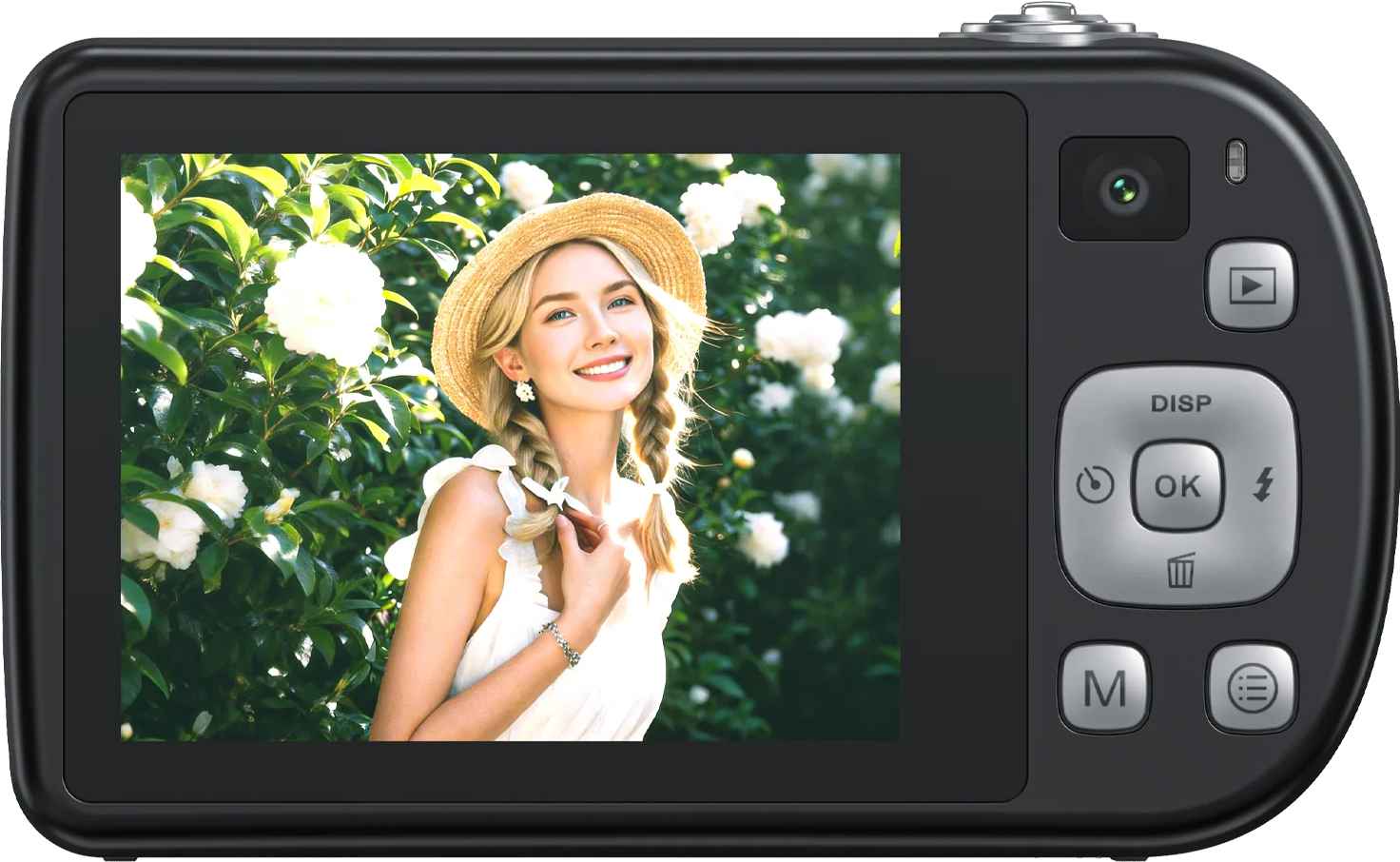 Eine schwarze Digitalkamera zeigt eine blonde Frau mit Strohhut und weißem Kleid vor weißen Blumen.
