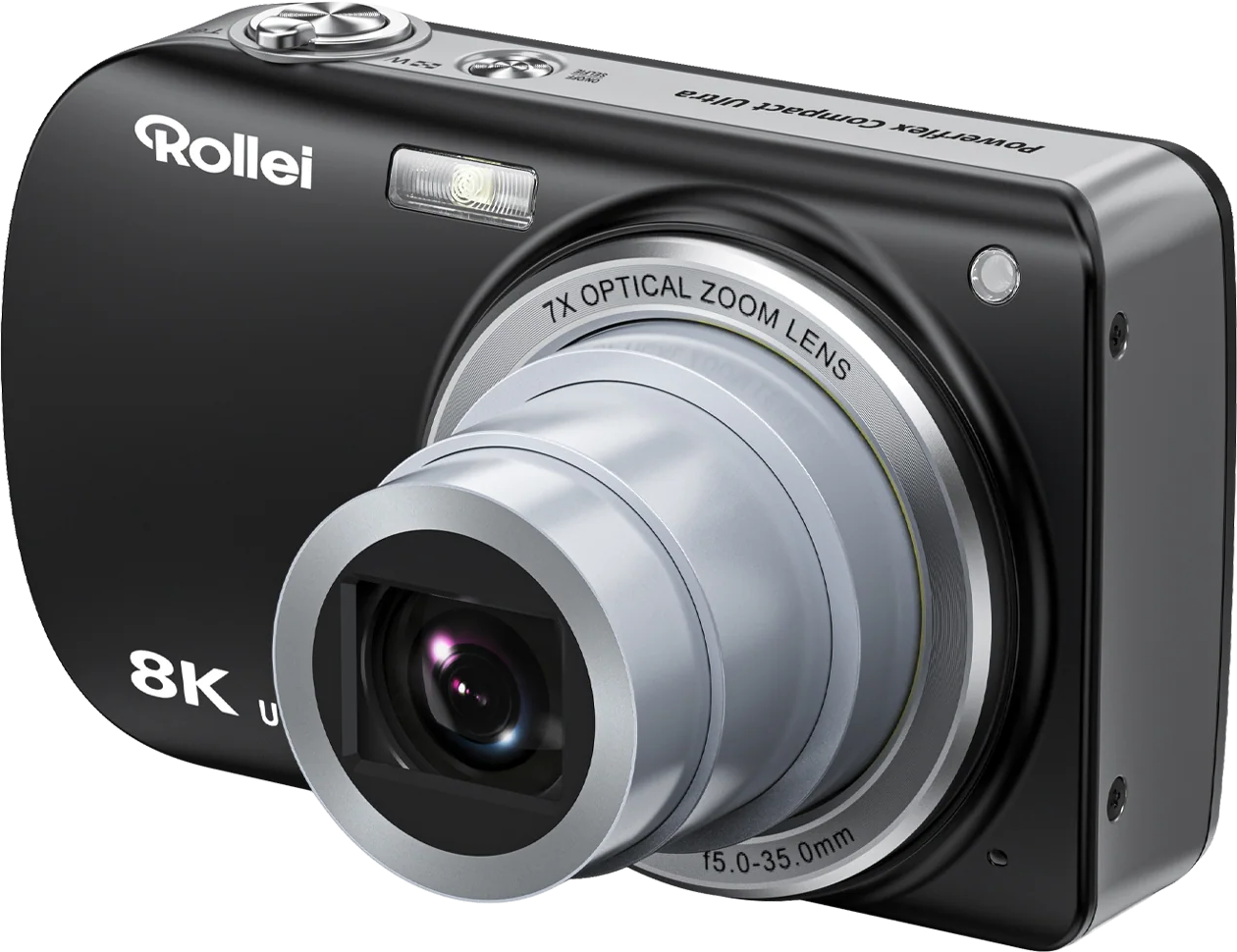 Schwarze Rollei Digitalkamera mit silberner ausgefahrener Zoomlinse auf schwarzem Hintergrund.