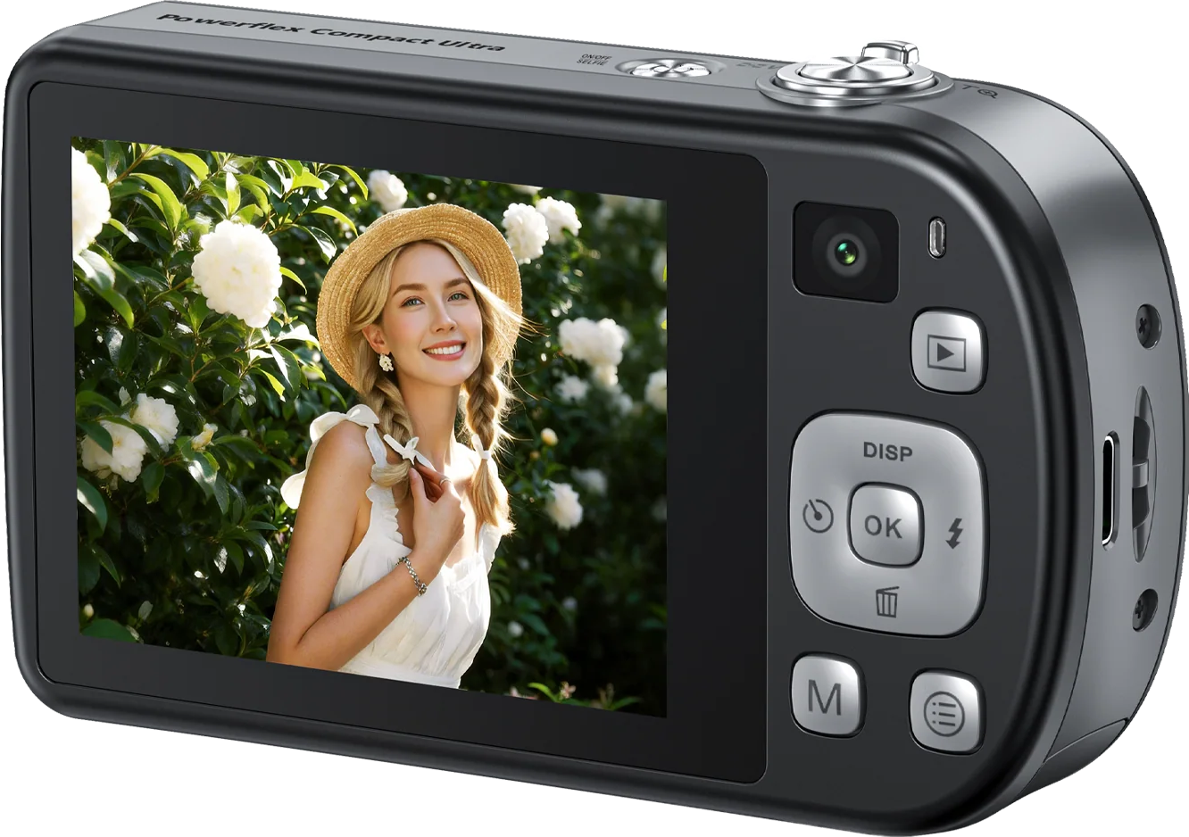 Eine graue Digitalkamera zeigt auf dem Bildschirm ein Bild einer blonden Frau im Strohhut vor weißen Blumen.