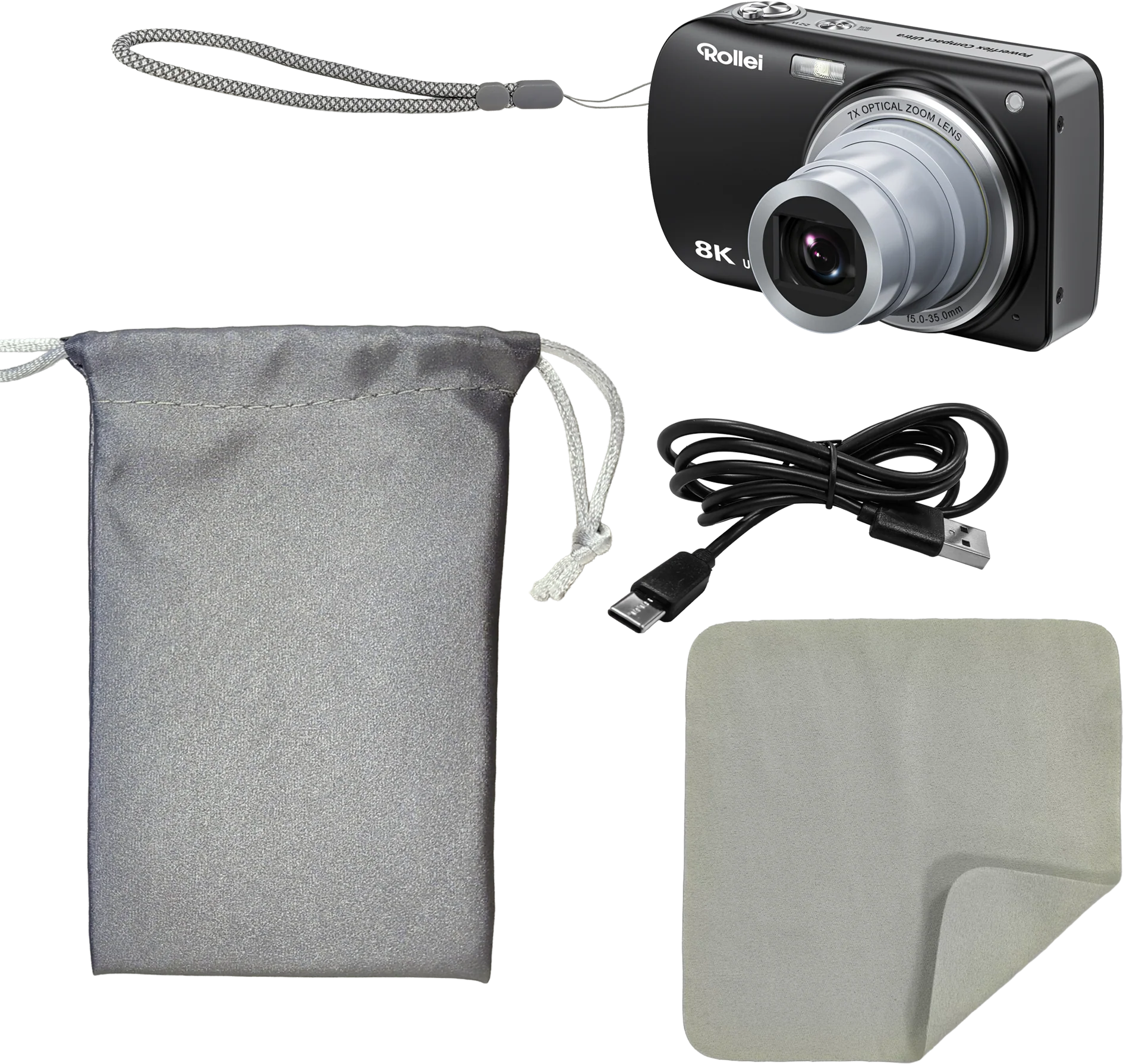 Eine schwarze Digitalkamera, ein grauer Stoffbeutel, ein USB-Kabel und ein Reinigungstuch auf schwarzem Grund.