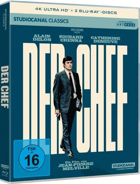 Blu-ray-Cover von Der Chef mit Alain Delon in einem Anzug vor blauem Hintergrund und grosser Weisser Schrift.