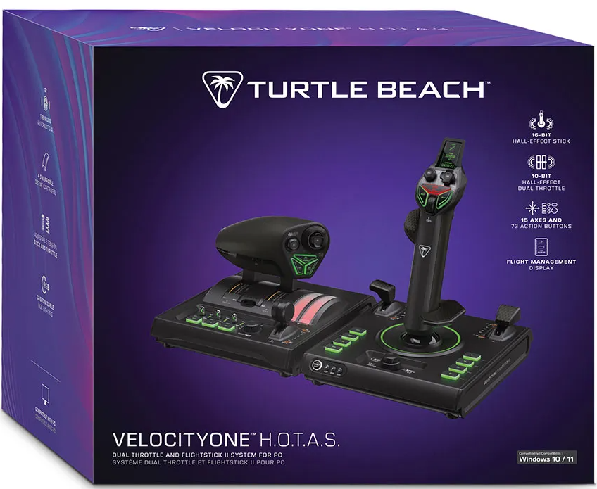 Turtle Beach VelocityOne H.O.T.A.S. Flugsimulator-Set in Lila und Schwarz auf der Produktverpackung.