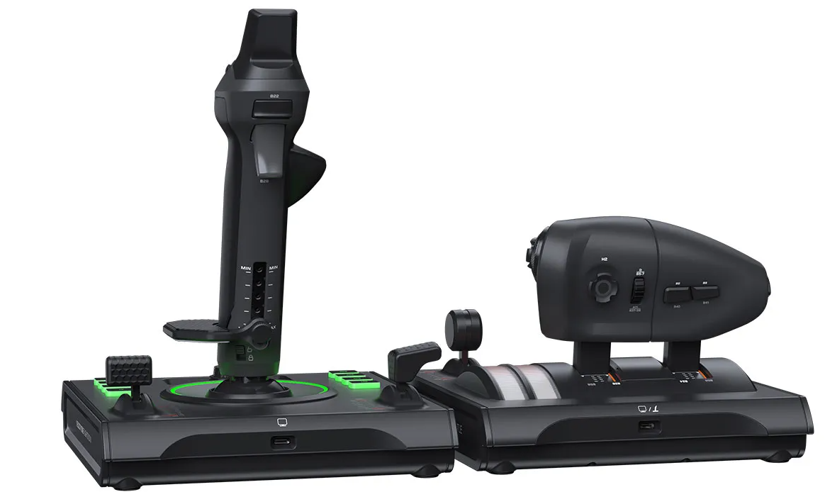 Ein schwarzer Gaming-Joystick mit Basis und separatem Schubregler auf weißem Hintergrund.