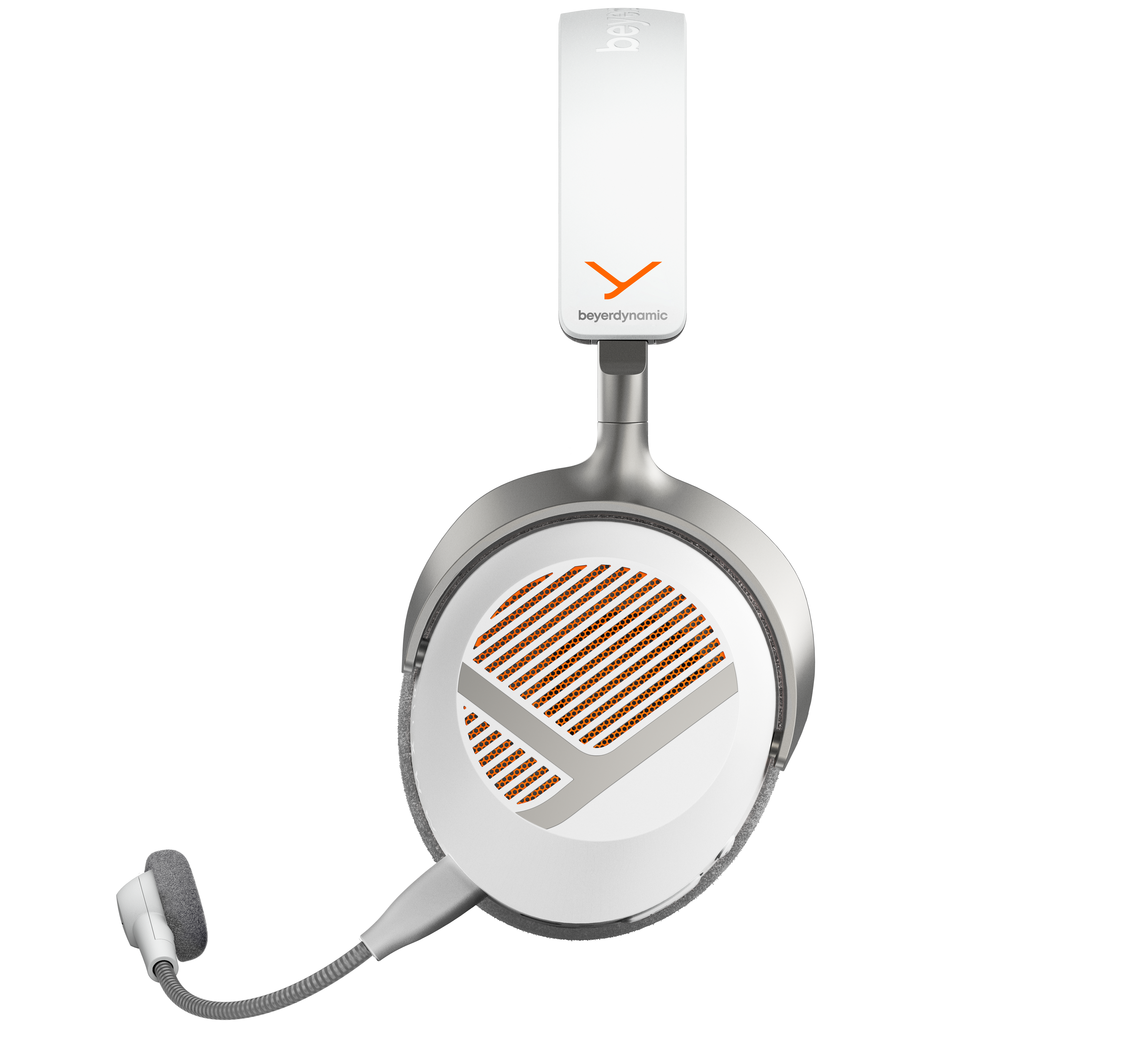 Weiße und graue Beyerdynamic-Kopfhörer mit Mikrofon und orangefarbenen Akzenten auf weißem Hintergrund.