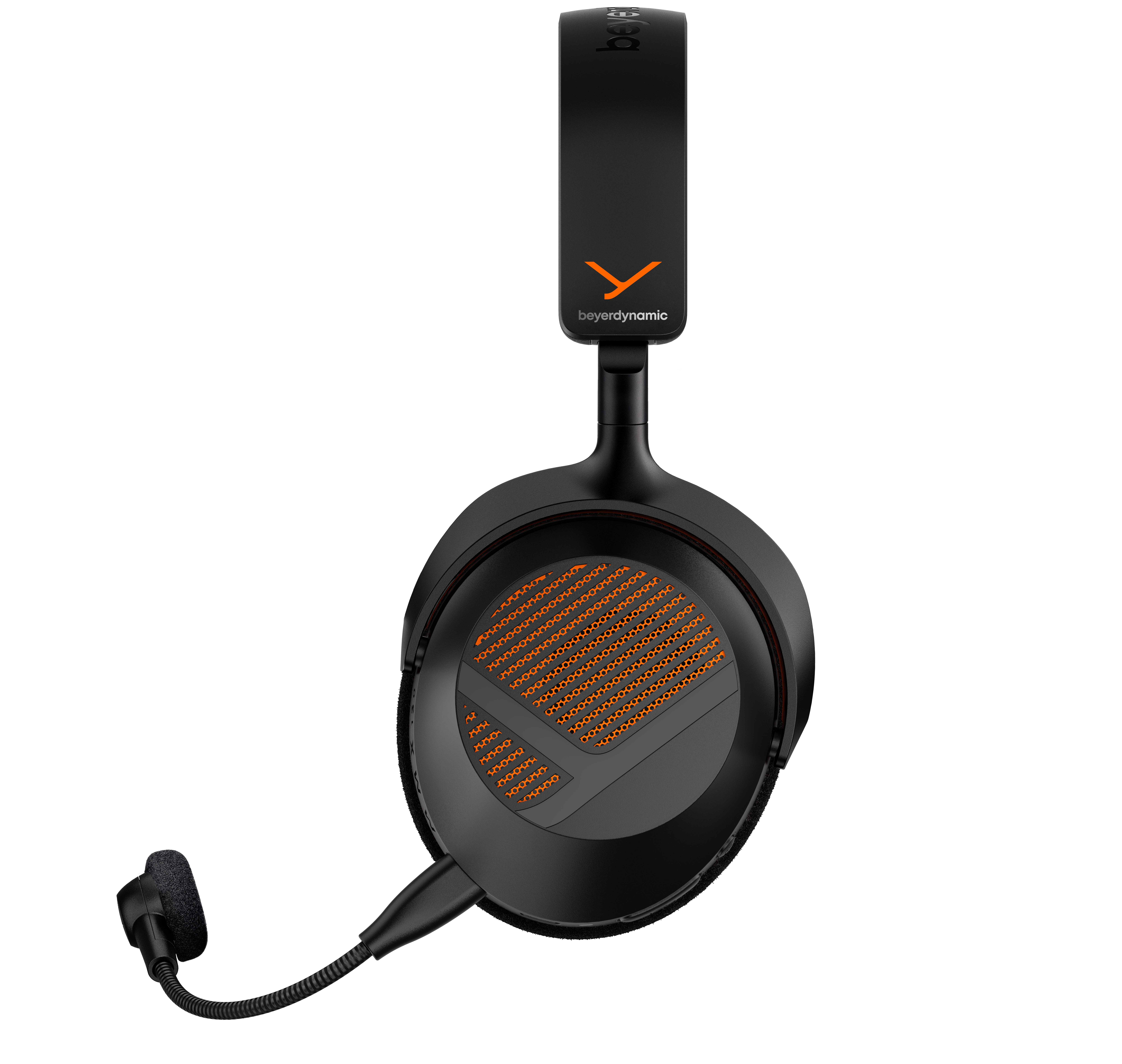 Schwarze Beyerdynamic Kopfhörer mit orangefarbenen Akzenten und angebrachtem Mikrofon vor weißem Hintergrund.