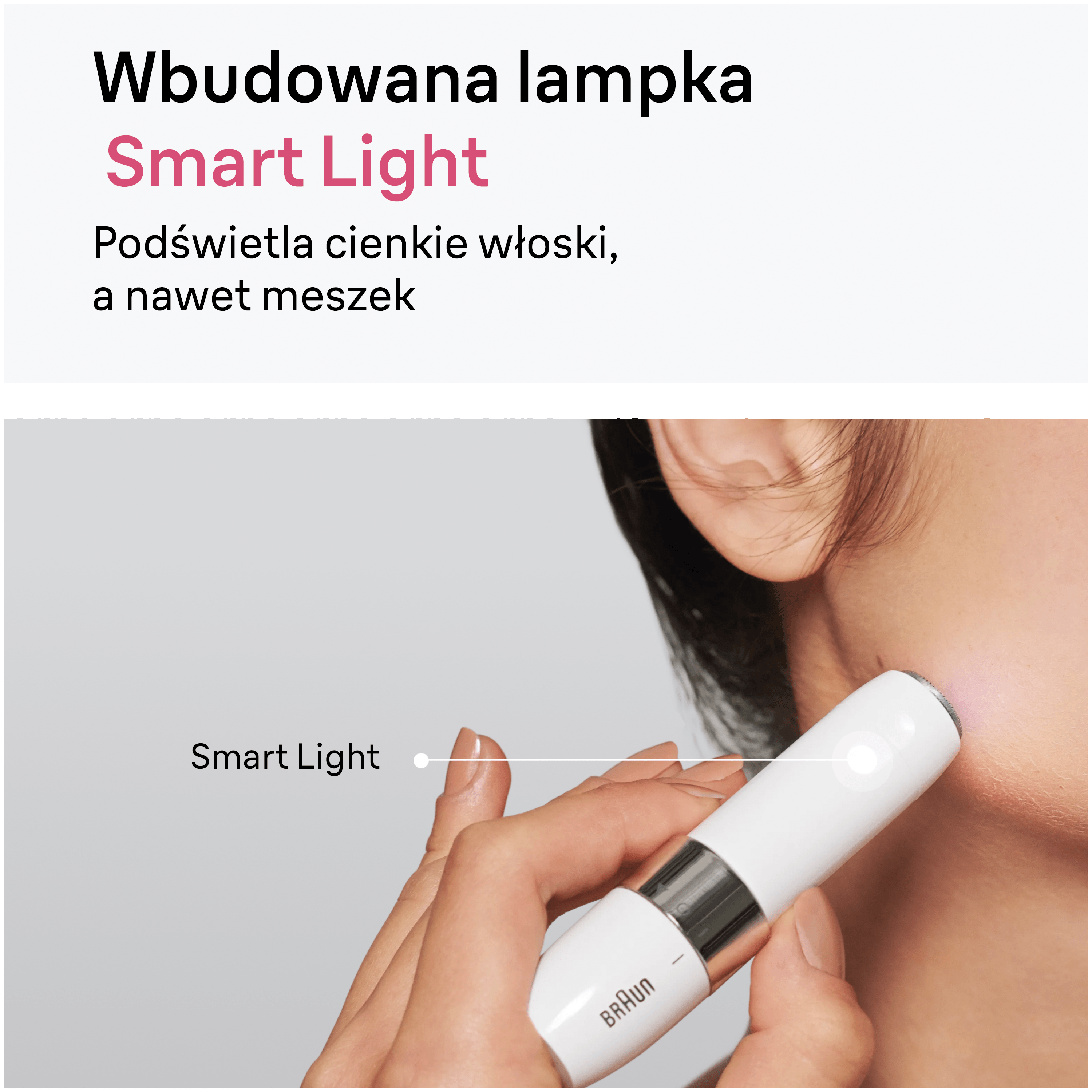 Kobieta używająca białego depilatora twarzy ze Smart Light na policzku.