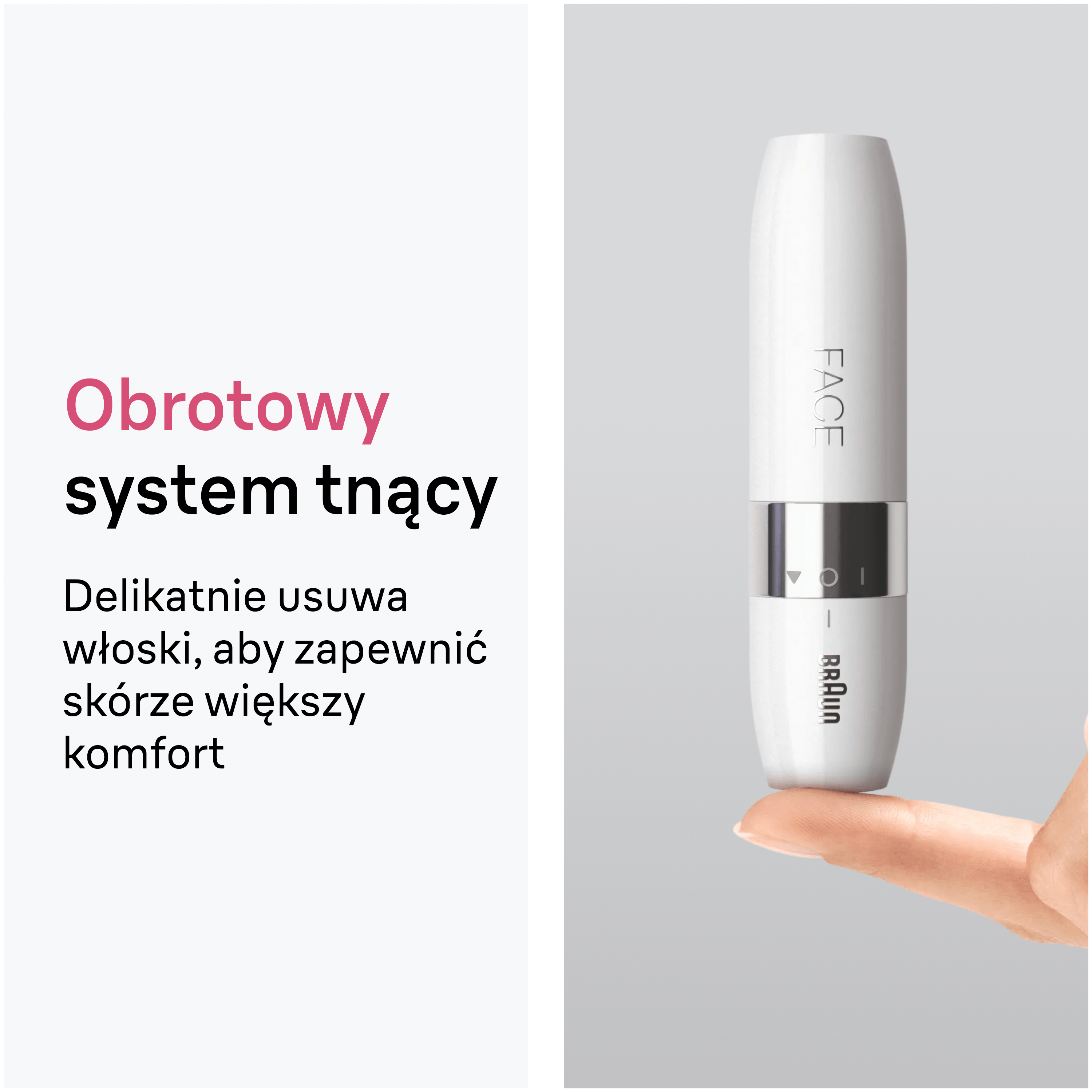 Biały depilator do twarzy Braun zrównoważony na palcu, obok polskiego tekstu.