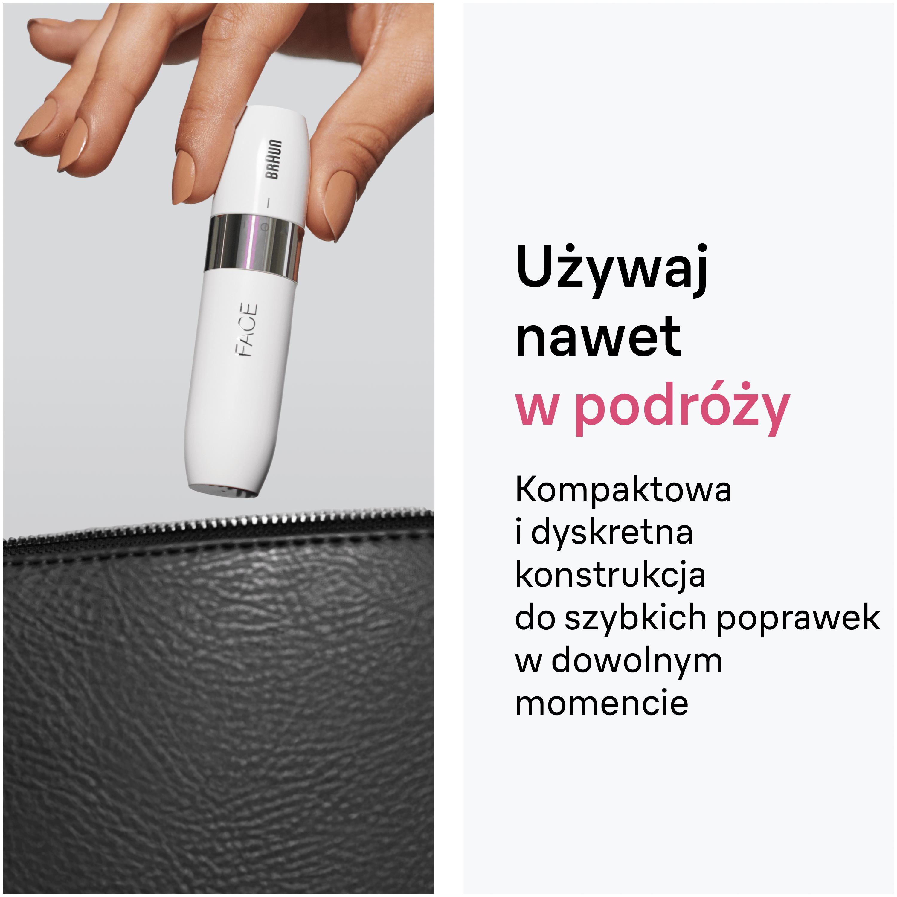 Dłoń trzyma biały depilator do twarzy Braun nad czarną torbą przy białym tekście.