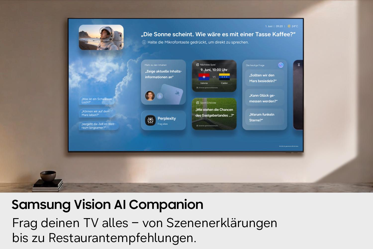 Ein Samsung Vision AI Companion-Bildschirm mit Text, Widgets und einem Astronautenbild auf blauem Grund.