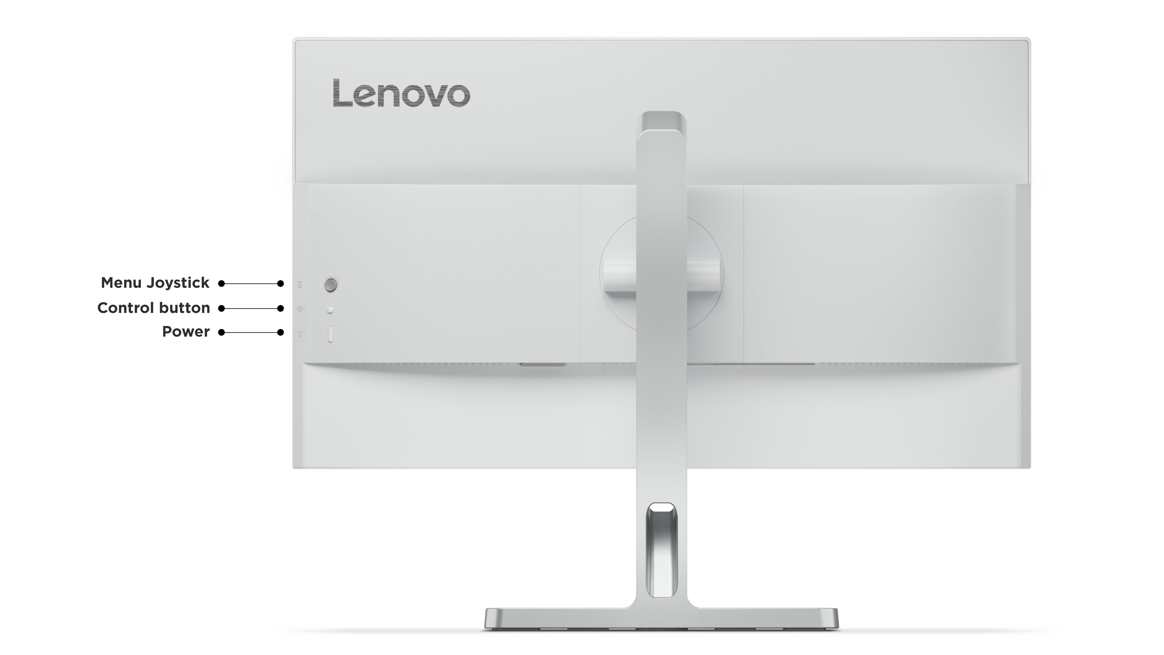 Rückseite eines weißen Lenovo Monitors mit Ständer und beschrifteten Tasten für Joystick, Steuerung und Strom.