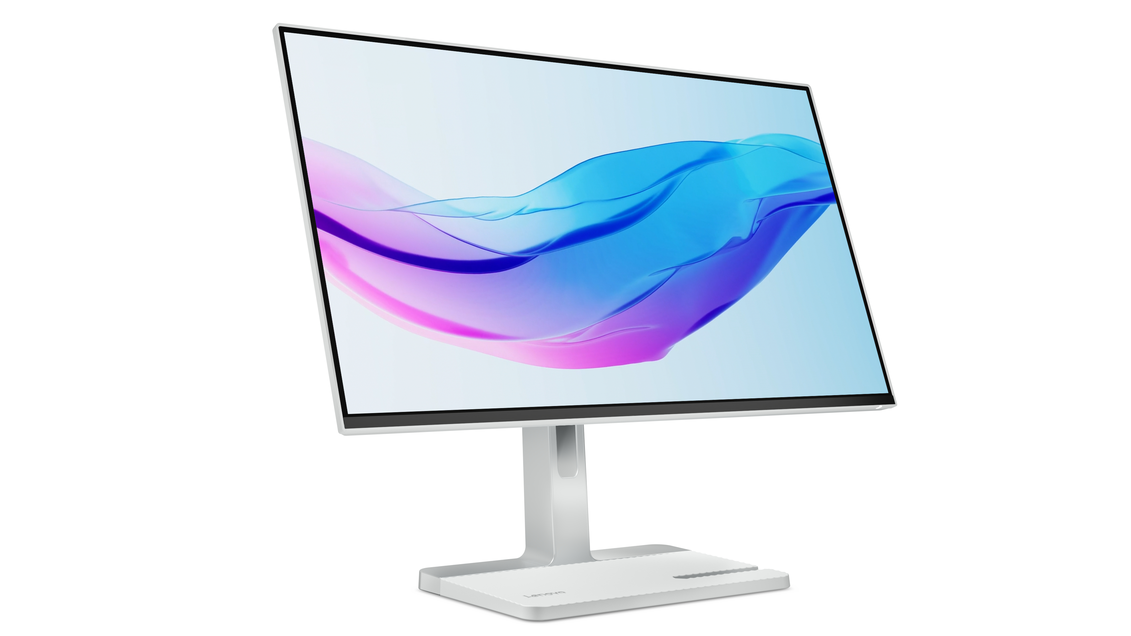 Ein weißer Computermonitor mit dünnem Rahmen und blau-pinkem Bildschirmhintergrund auf einem Ständer.