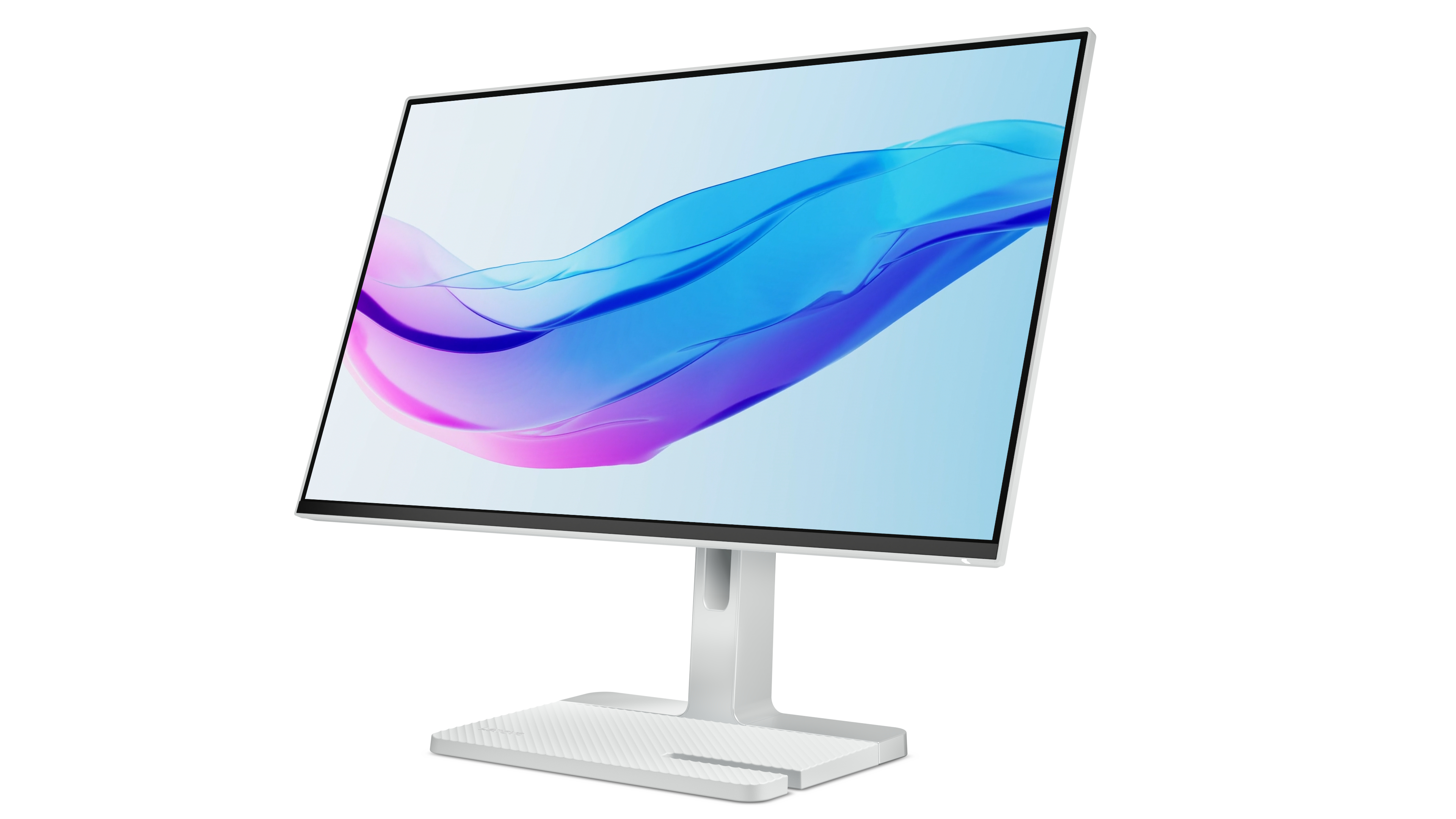 Ein weißer Computerbildschirm mit einem farbigen abstrakten Hintergrundbild auf weißem Hintergrund.