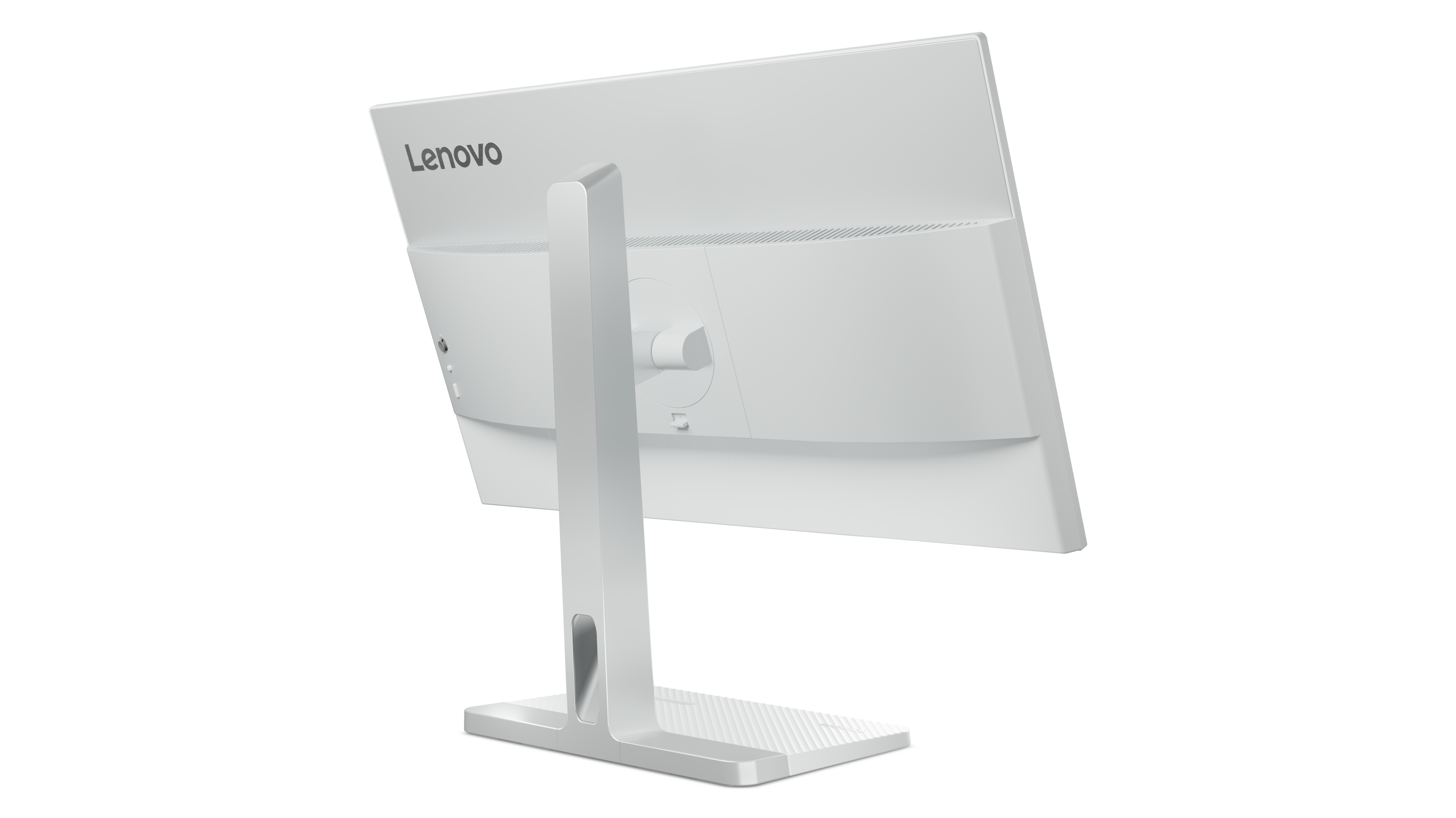Rückansicht eines weißen Lenovo-Monitors auf einem Ständer vor weißem Hintergrund.