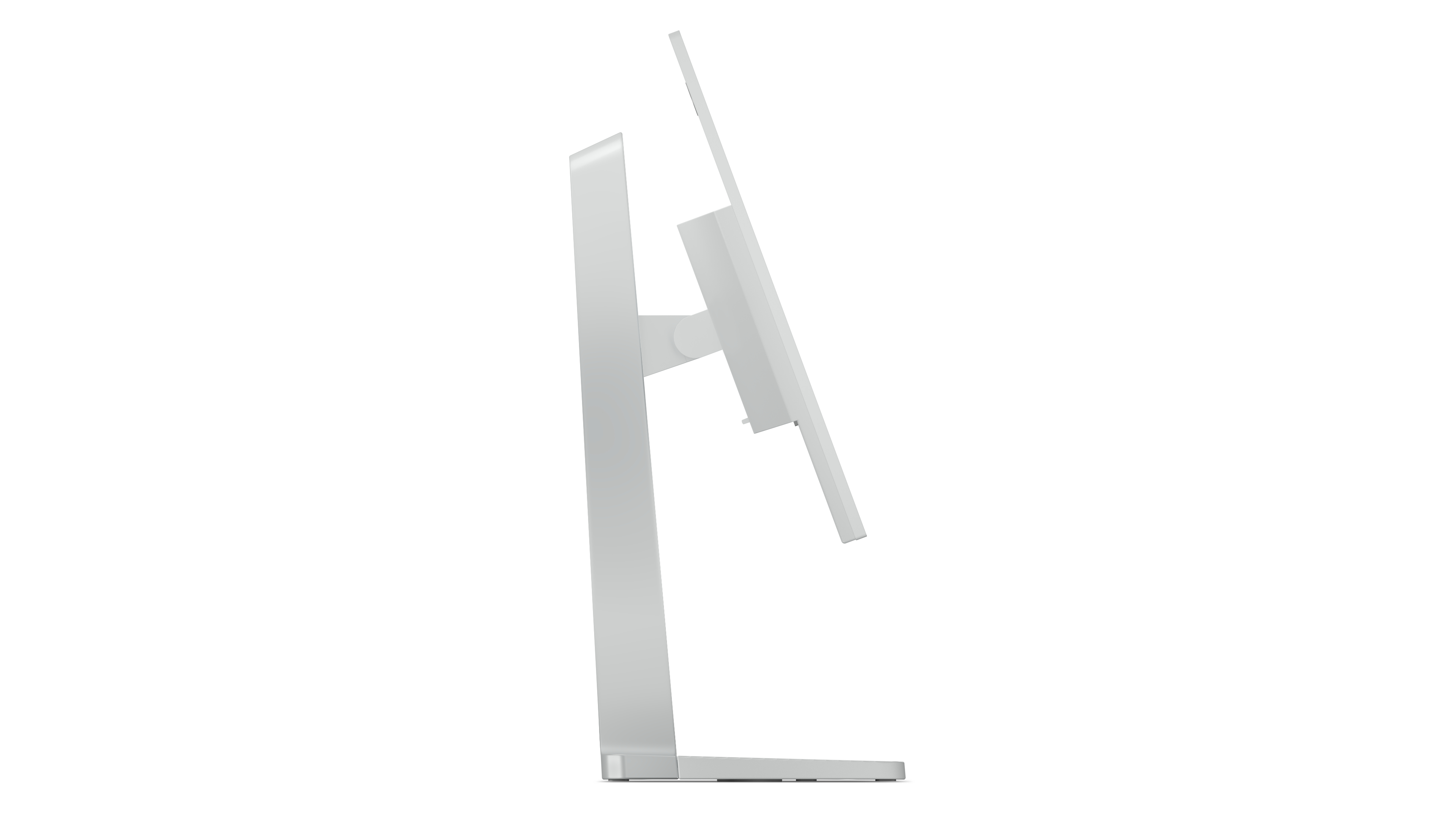 Seitenansicht eines modernen weißen Monitors auf einem Standfuß auf hellem Hintergrund.