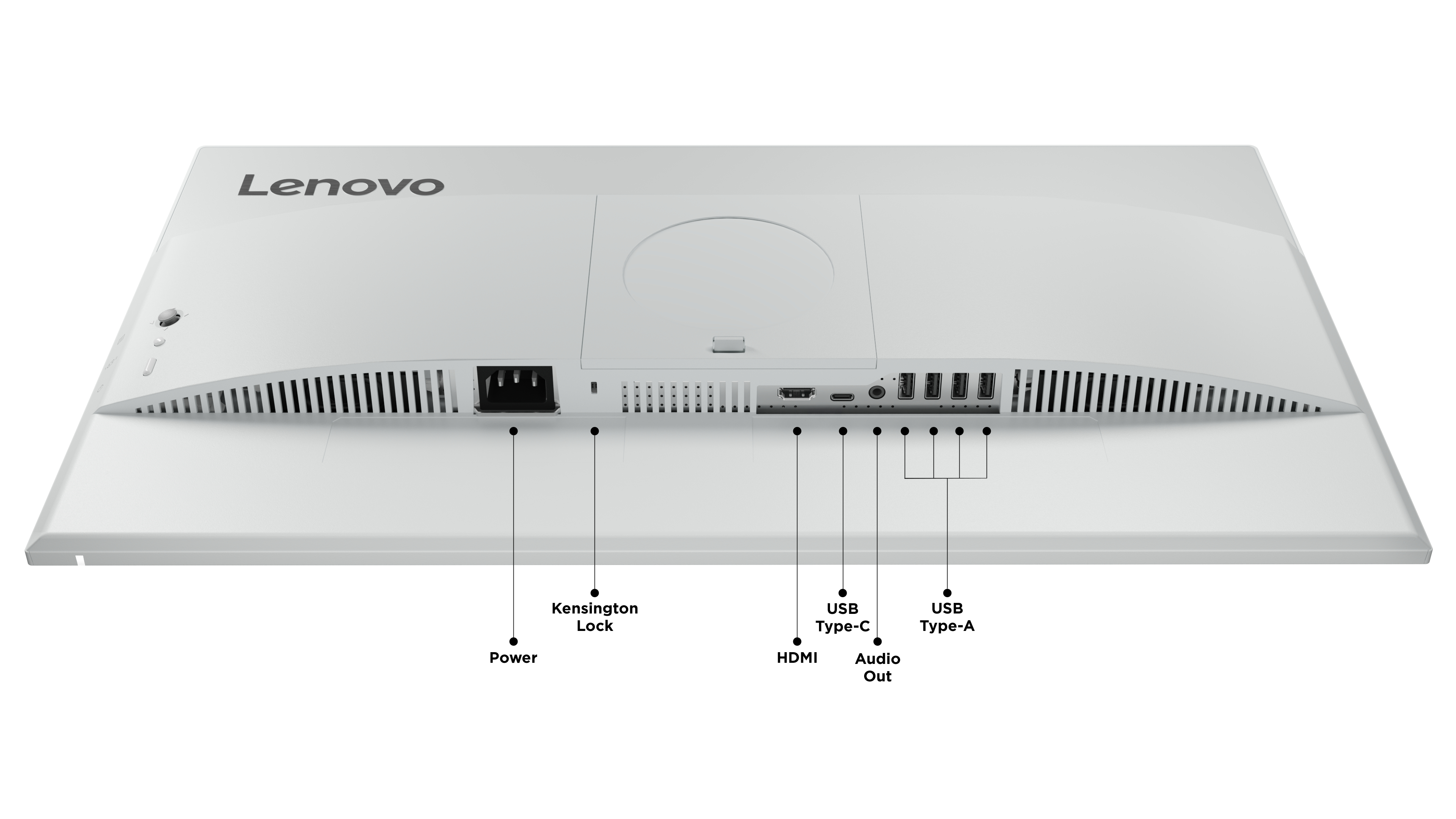 Rückseite eines weißen Lenovo Monitors mit Power-, HDMI-, USB-C-, Audio- und USB-A-Anschlüssen sowie Kensington Lock.