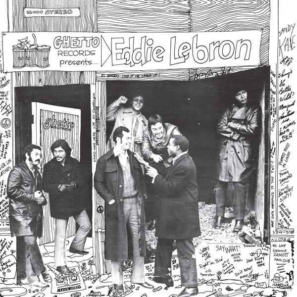 Schwarz-Weißes Albumcover mit sechs Männern und einem Banner von Ghetto Records Eddie Lebron.