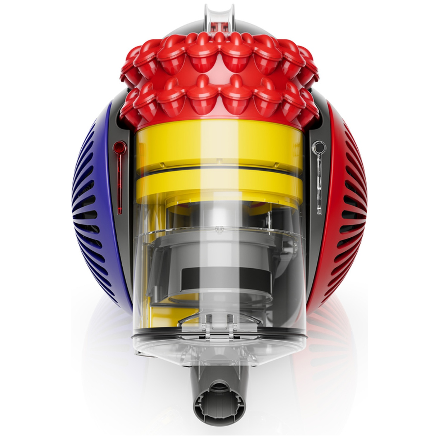 Front view of a red, blue, yellow, and grey vacuum cleaner with a clear bin against a white background.