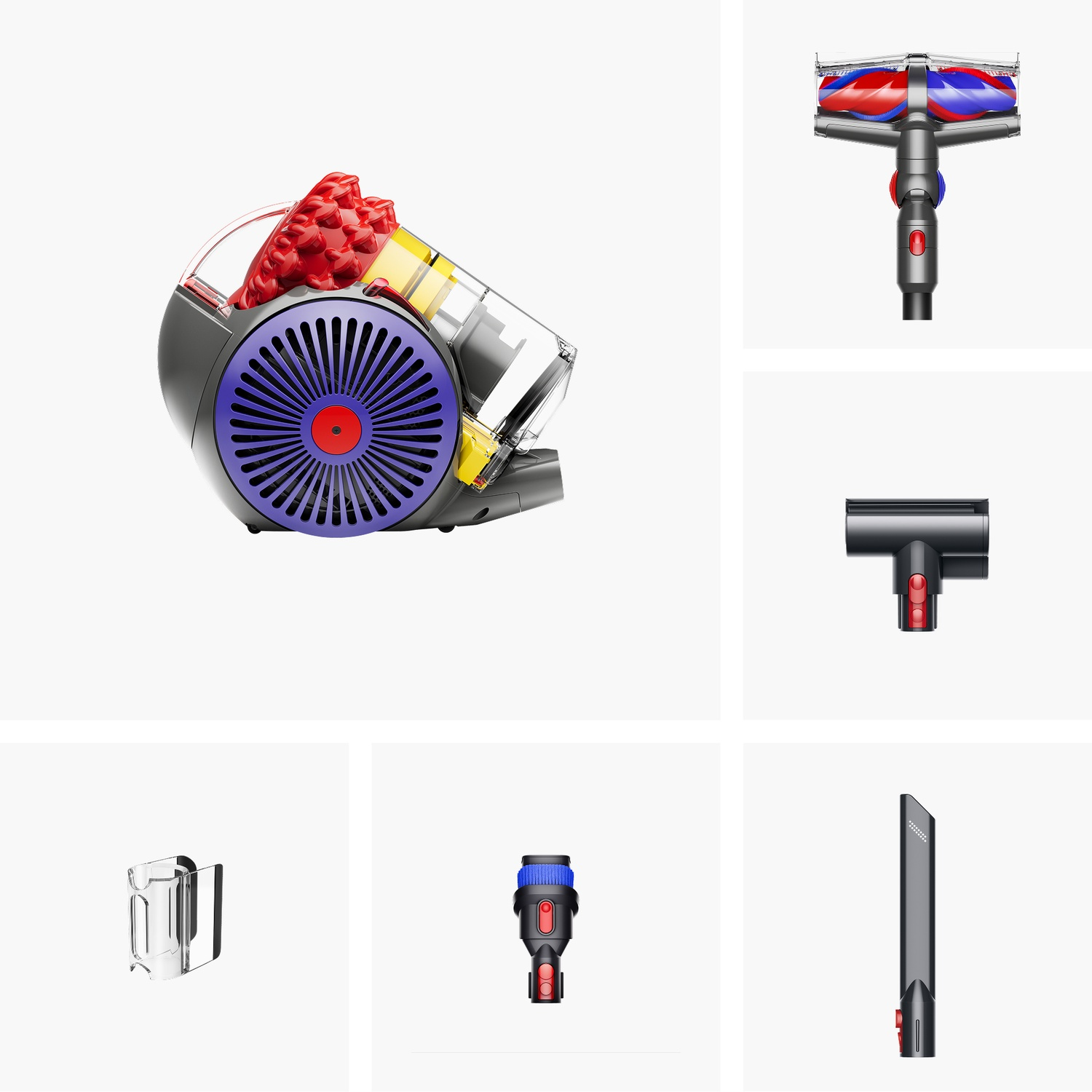 Dyson vacuum cleaner main unit with various attachments and accessories on a white background.