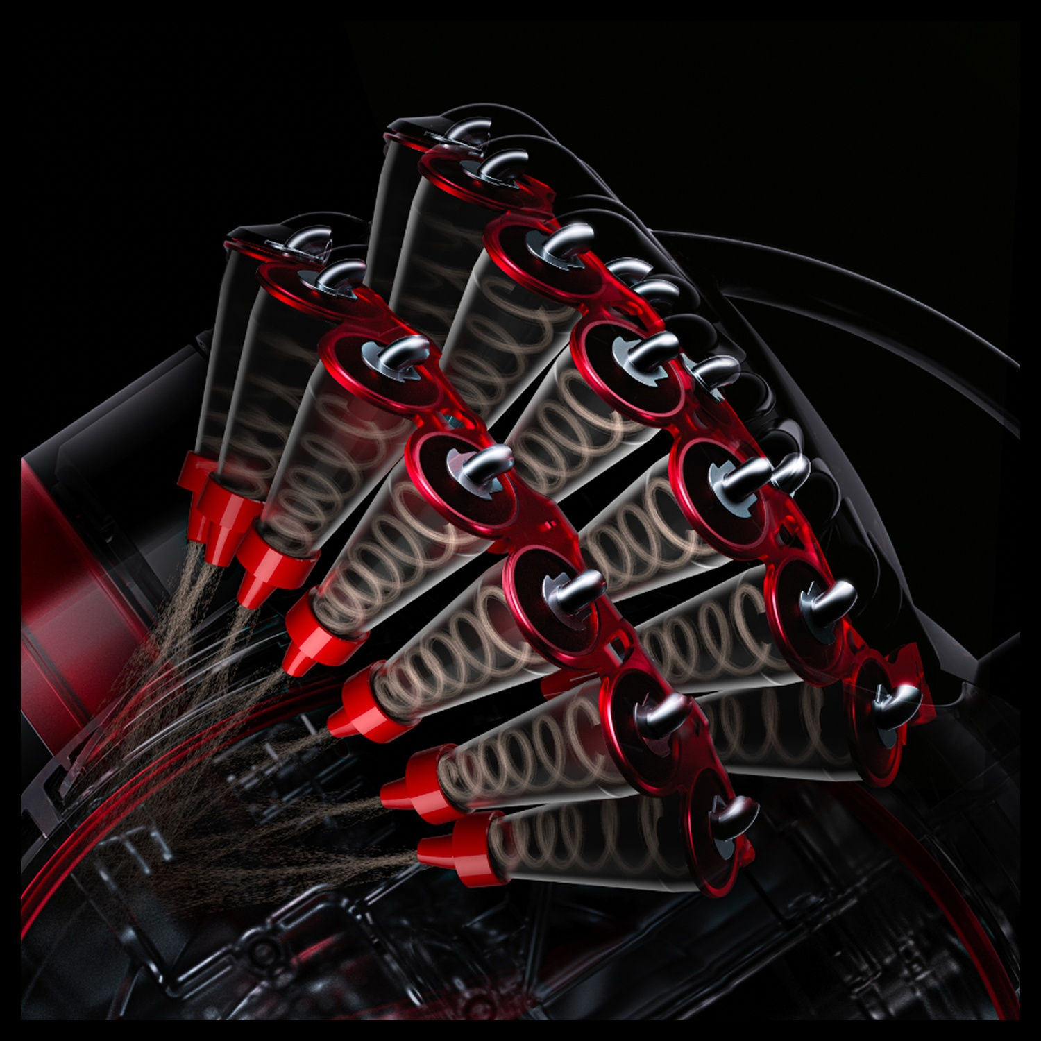 A technical diagram shows conical filter elements with red accents and swirling dust particles inside.